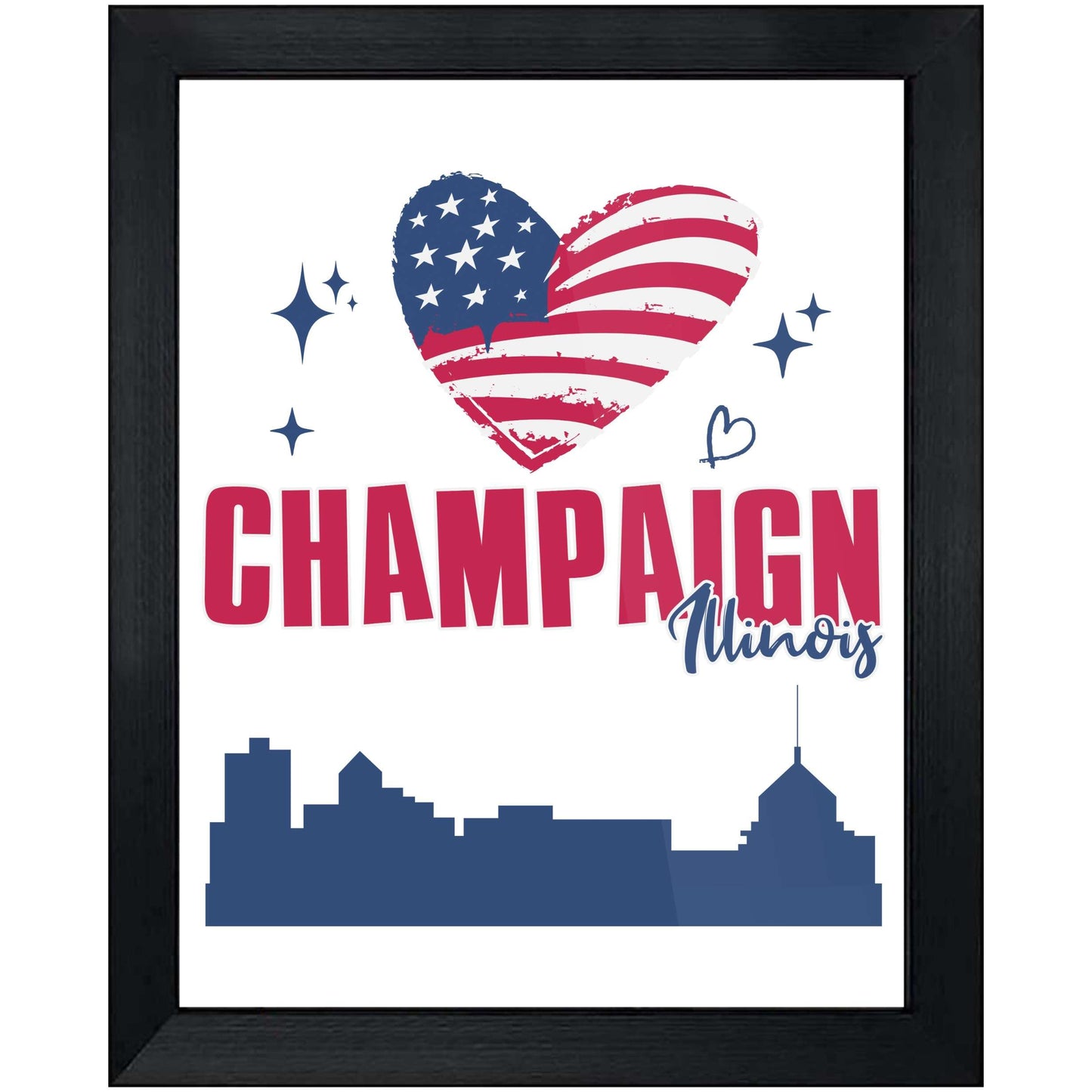 Champaign Illinois Skyline American Flag Heart 4th of July 8"x10" Wall Art Print