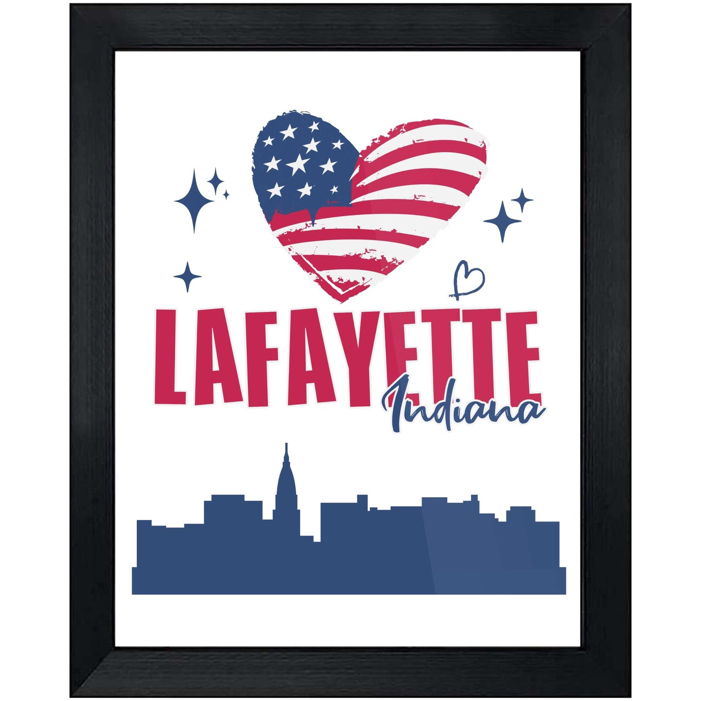 Lafayette Indiana Skyline American Flag Heart 4th of July 8"x10" Wall Art Print