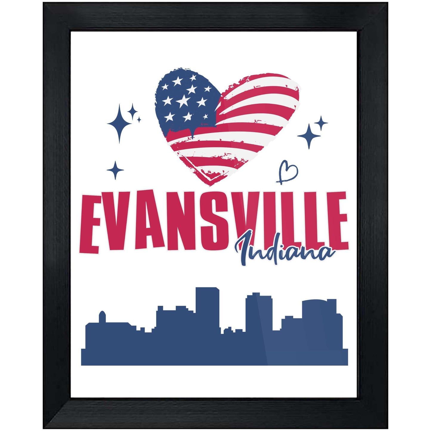 Evansville Indiana Skyline American Flag Heart 4th of July 8"x10" Wall Art Print