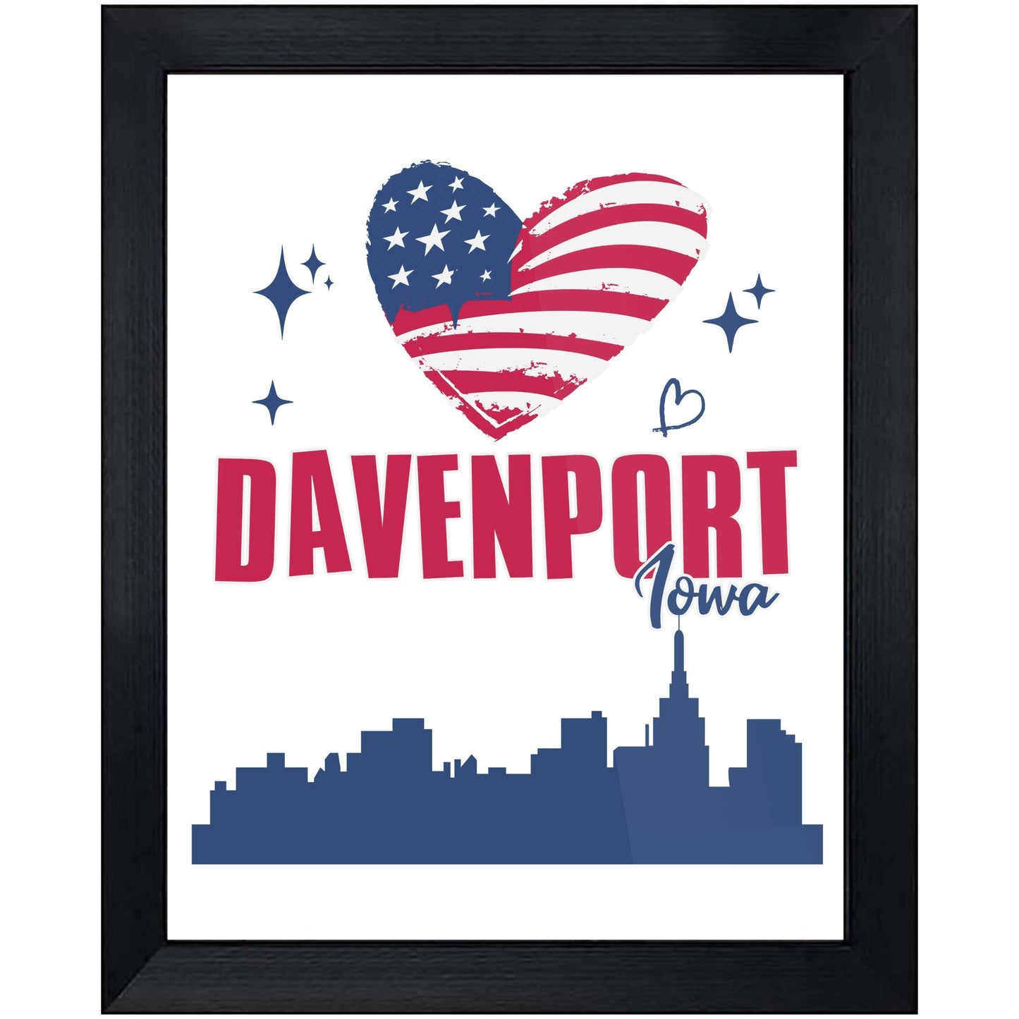 Davenport Iowa Skyline American Flag Heart 4th of July 8"x10" Wall Art Print