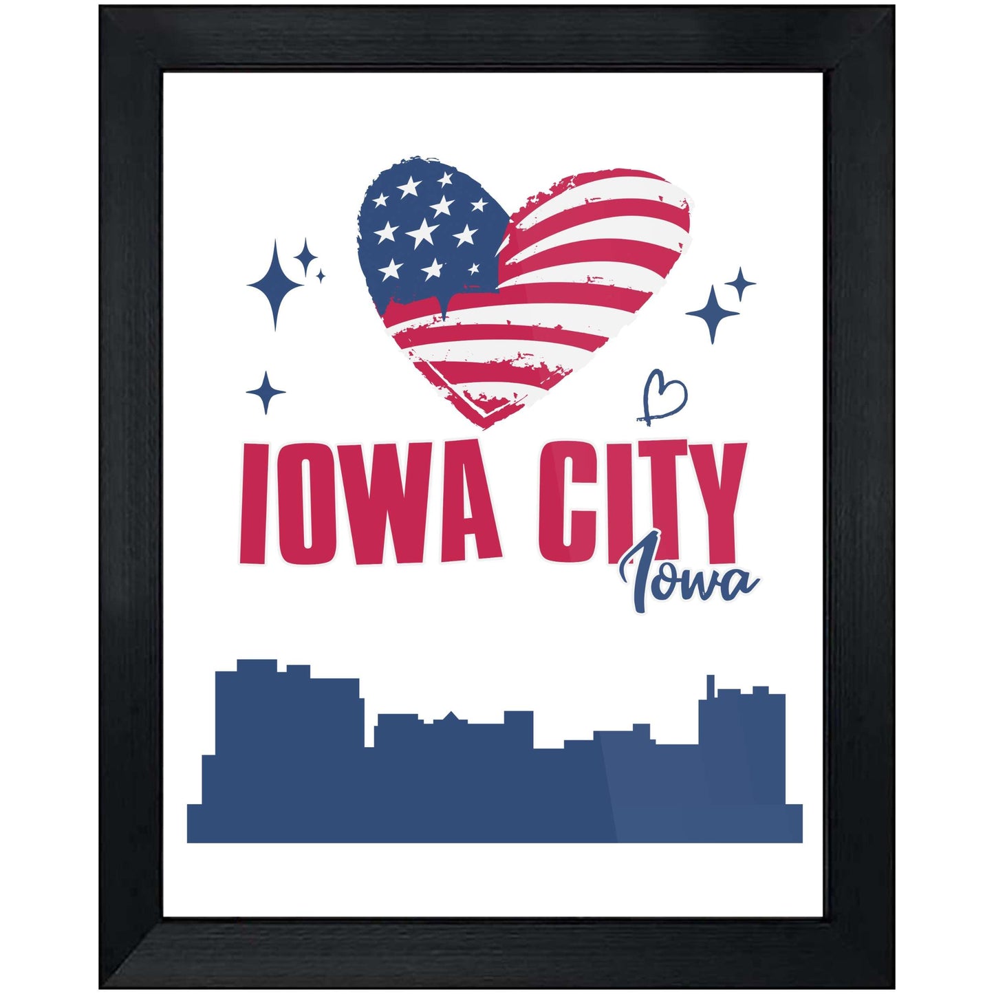 Iowa City Iowa Skyline American Flag Heart 4th of July 8"x10" Wall Art Print