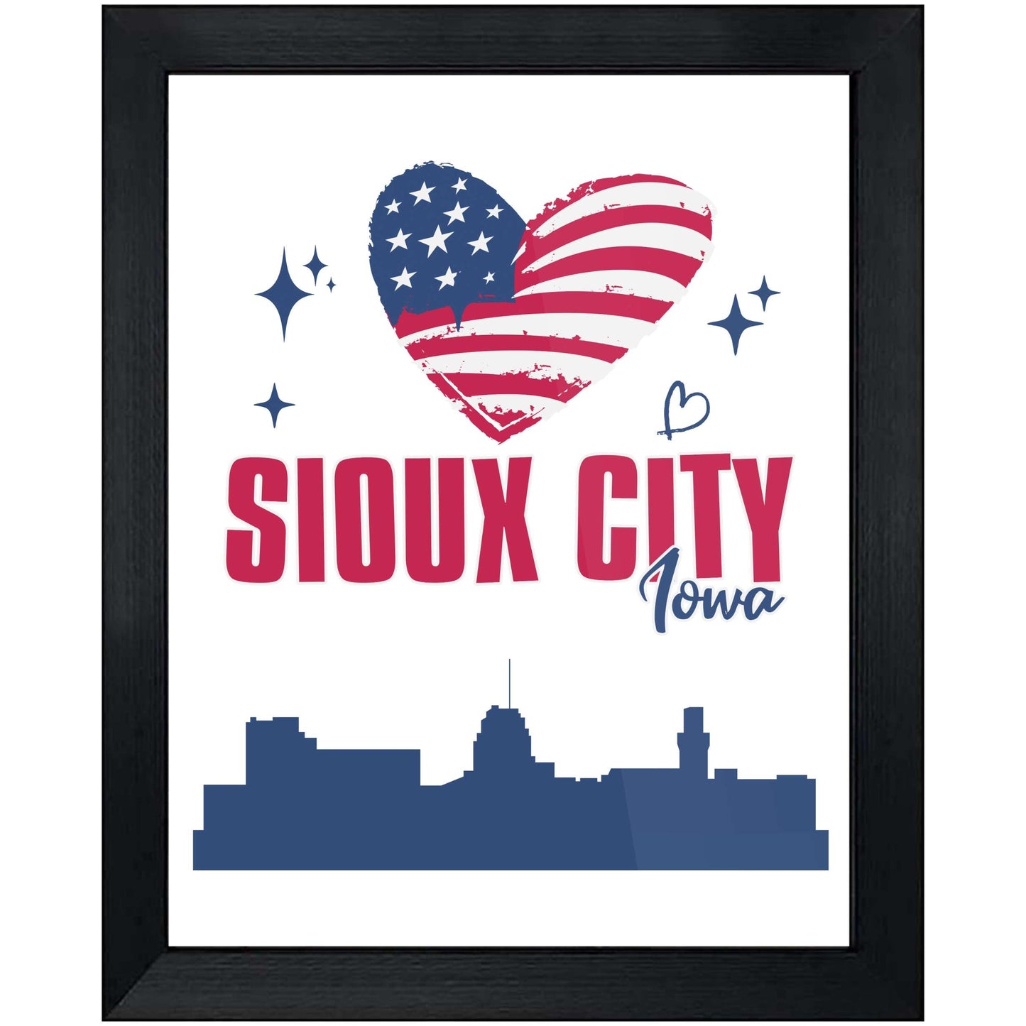Sioux City Iowa Skyline American Flag Heart 4th of July 8"x10" Wall Art Print