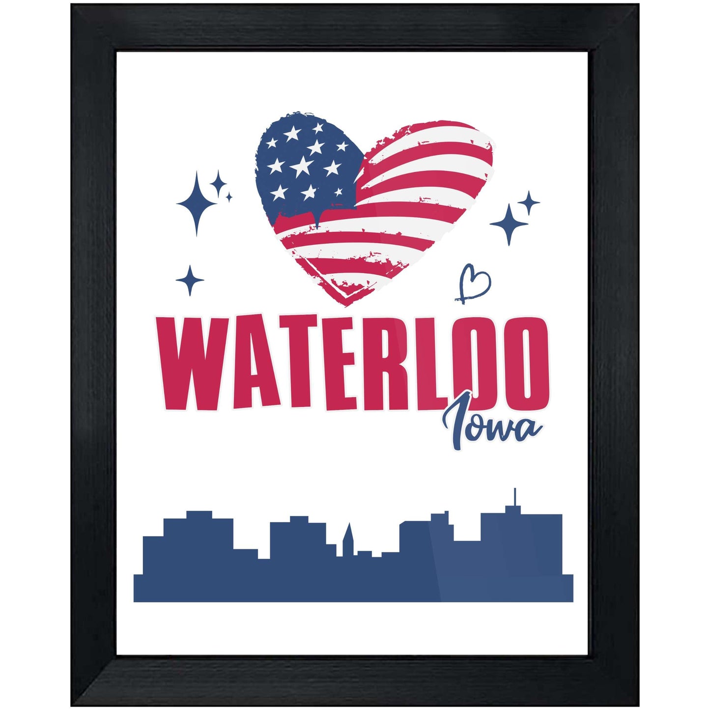 Waterloo Iowa Skyline American Flag Heart 4th of July 8"x10" Wall Art Print