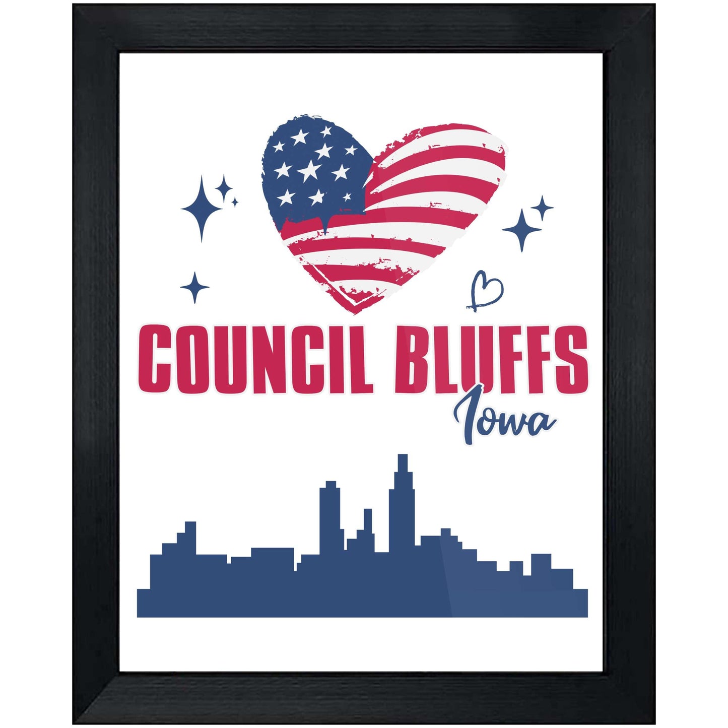 Council Bluffs Iowa Skyline American Flag Heart 4th of July 8"x10" Wall Art Print