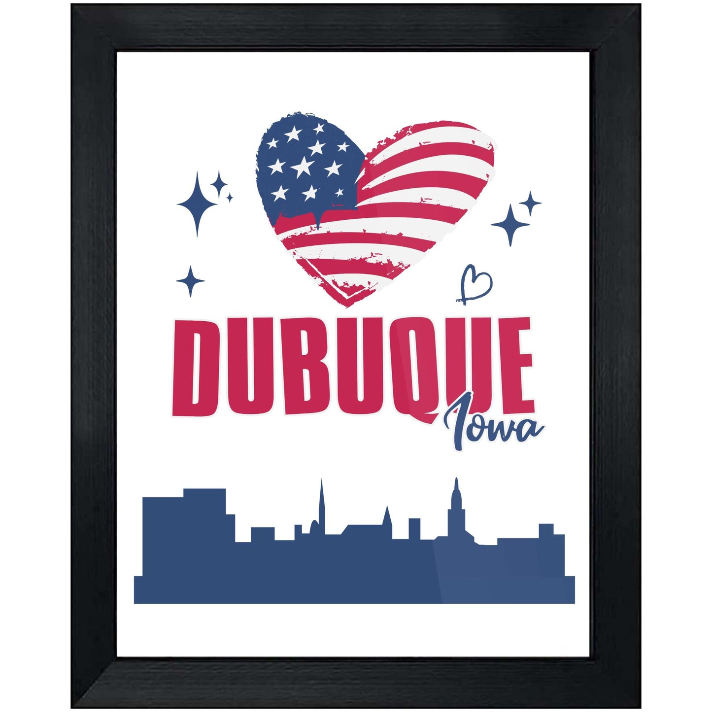 Dubuque Iowa Skyline American Flag Heart 4th of July 8"x10" Wall Art Print