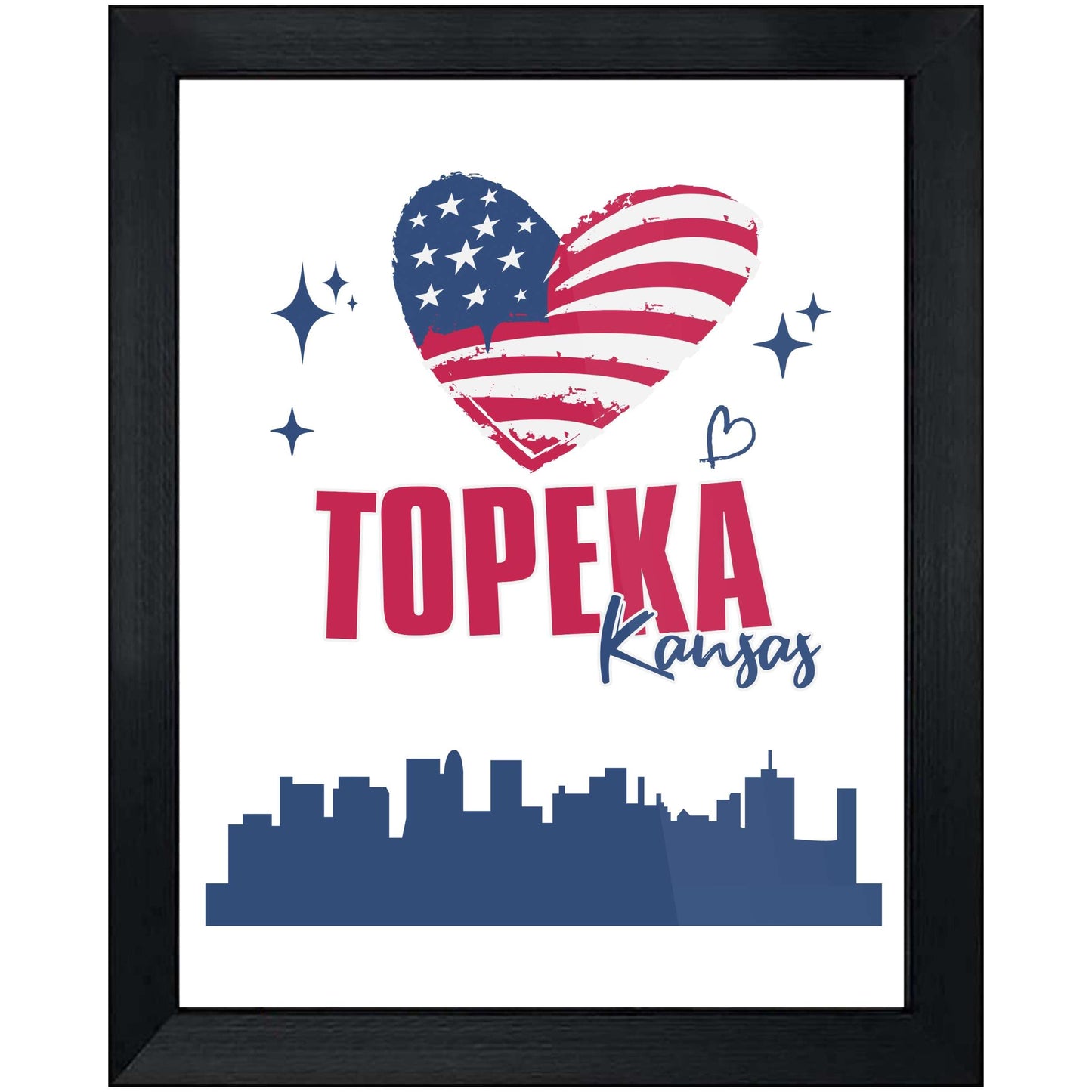 Topeka Kansas Skyline American Flag Heart 4th of July 8"x10" Wall Art Print
