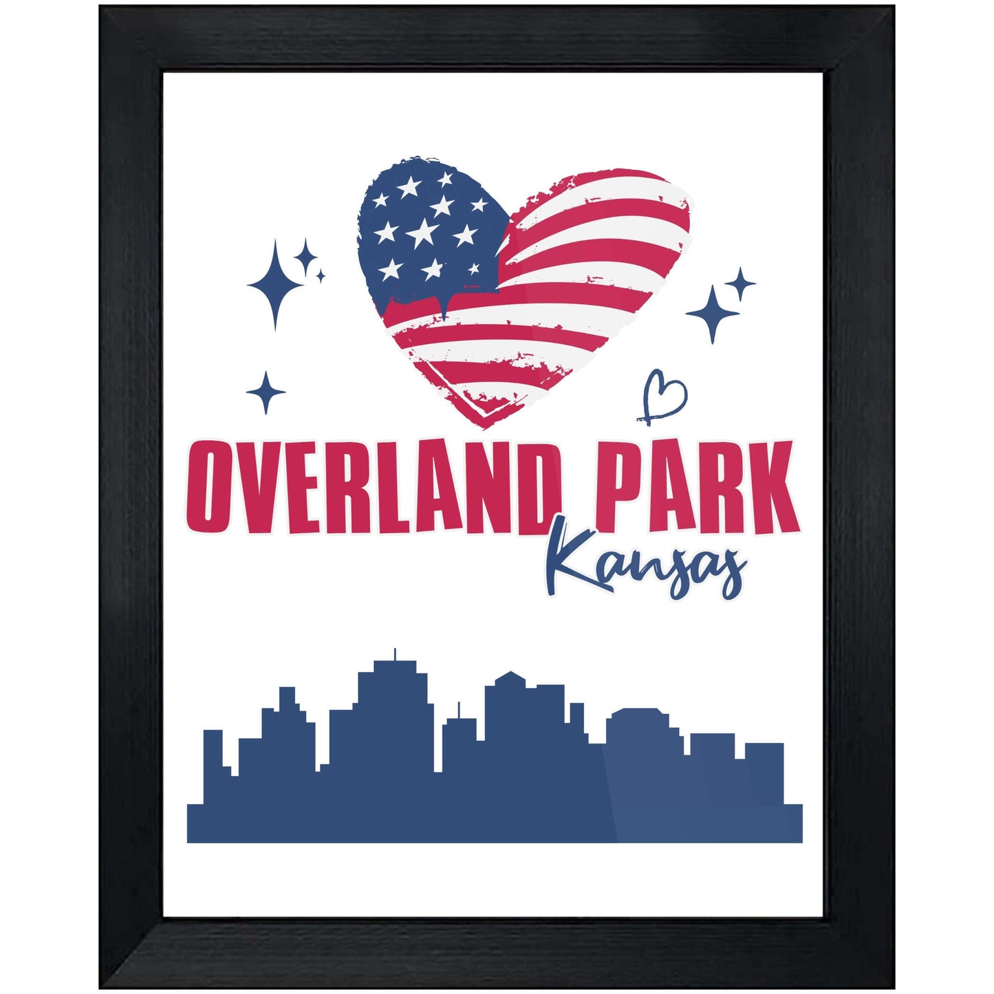 Overland Park Kansas Skyline American Flag Heart 4th of July 8"x10" Wall Art Print