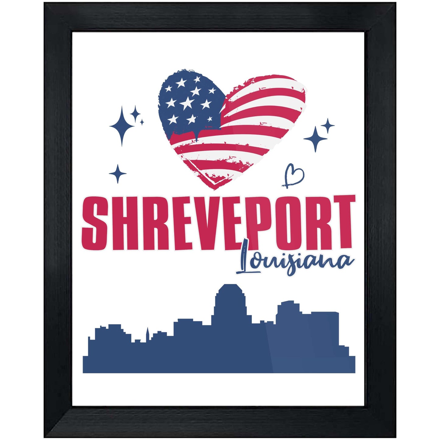 Shreveport Louisiana Skyline American Flag Heart 4th of July 8"x10" Wall Art Print