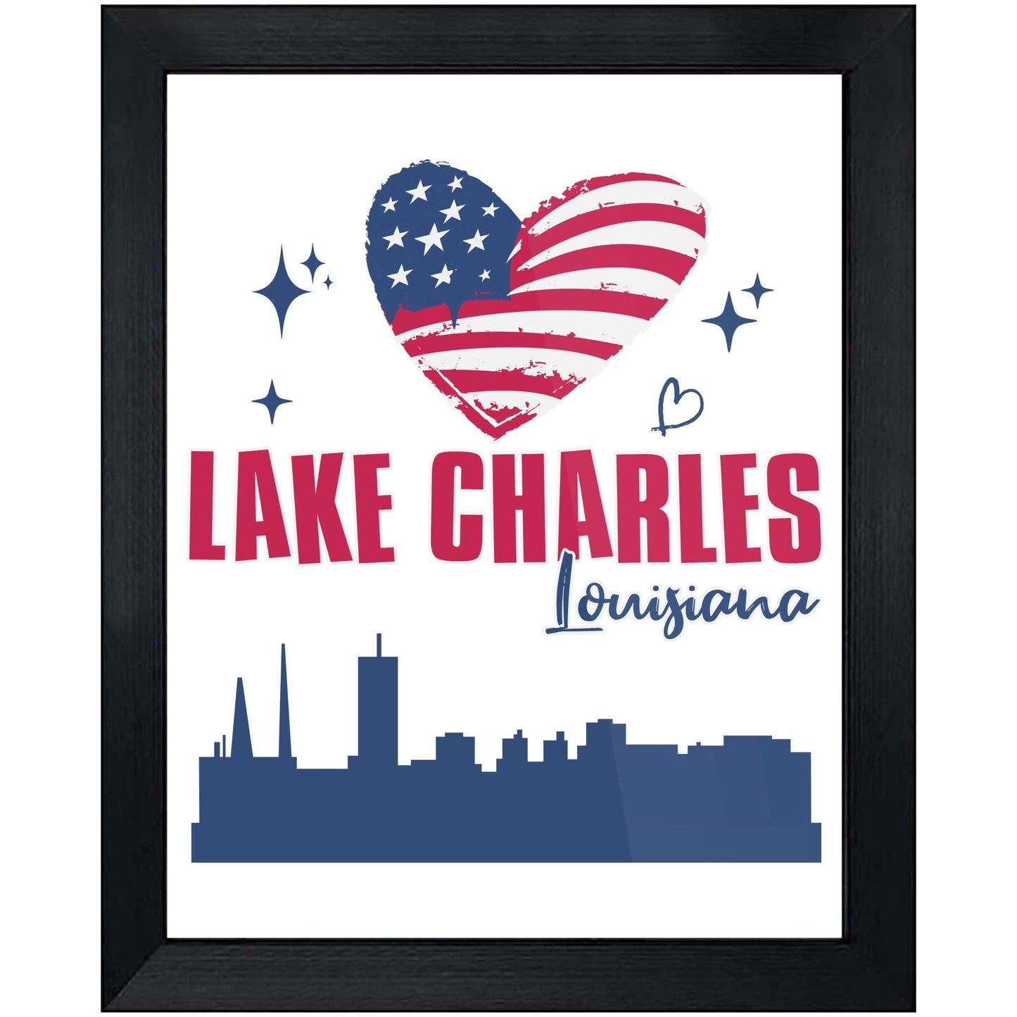 Lake Charles Louisiana Skyline American Flag Heart 4th of July 8"x10" Wall Art Print
