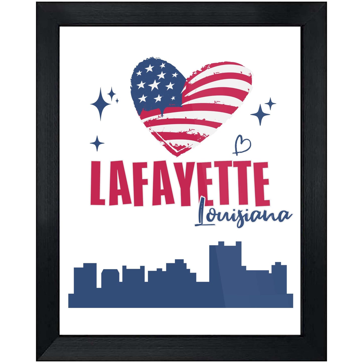 Lafayette Louisiana Skyline American Flag Heart 4th of July 8"x10" Wall Art Print