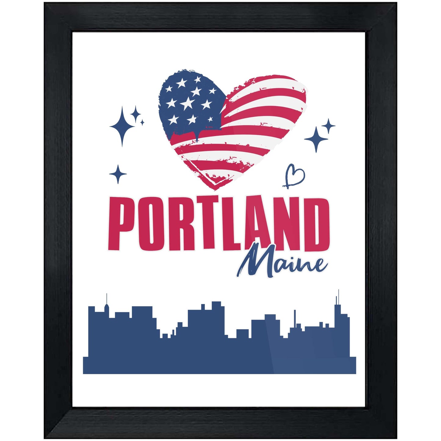 Portland Maine Skyline American Flag Heart 4th of July 8"x10" Wall Art Print