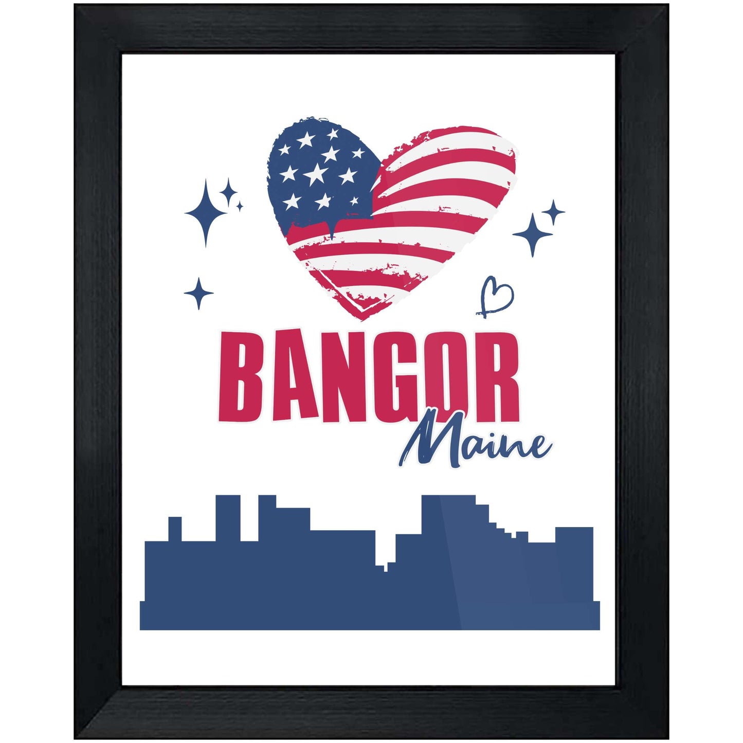 Bangor Maine Skyline American Flag Heart 4th of July 8"x10" Wall Art Print