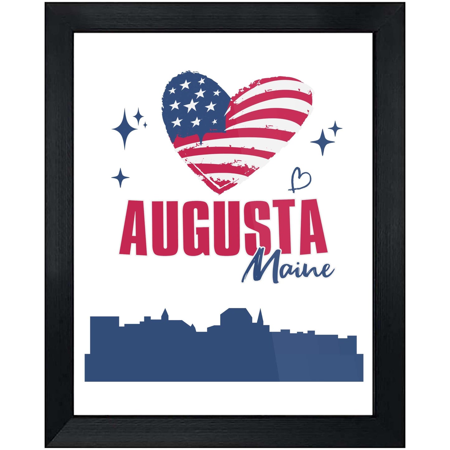Augusta Maine Skyline American Flag Heart 4th of July 8"x10" Wall Art Print