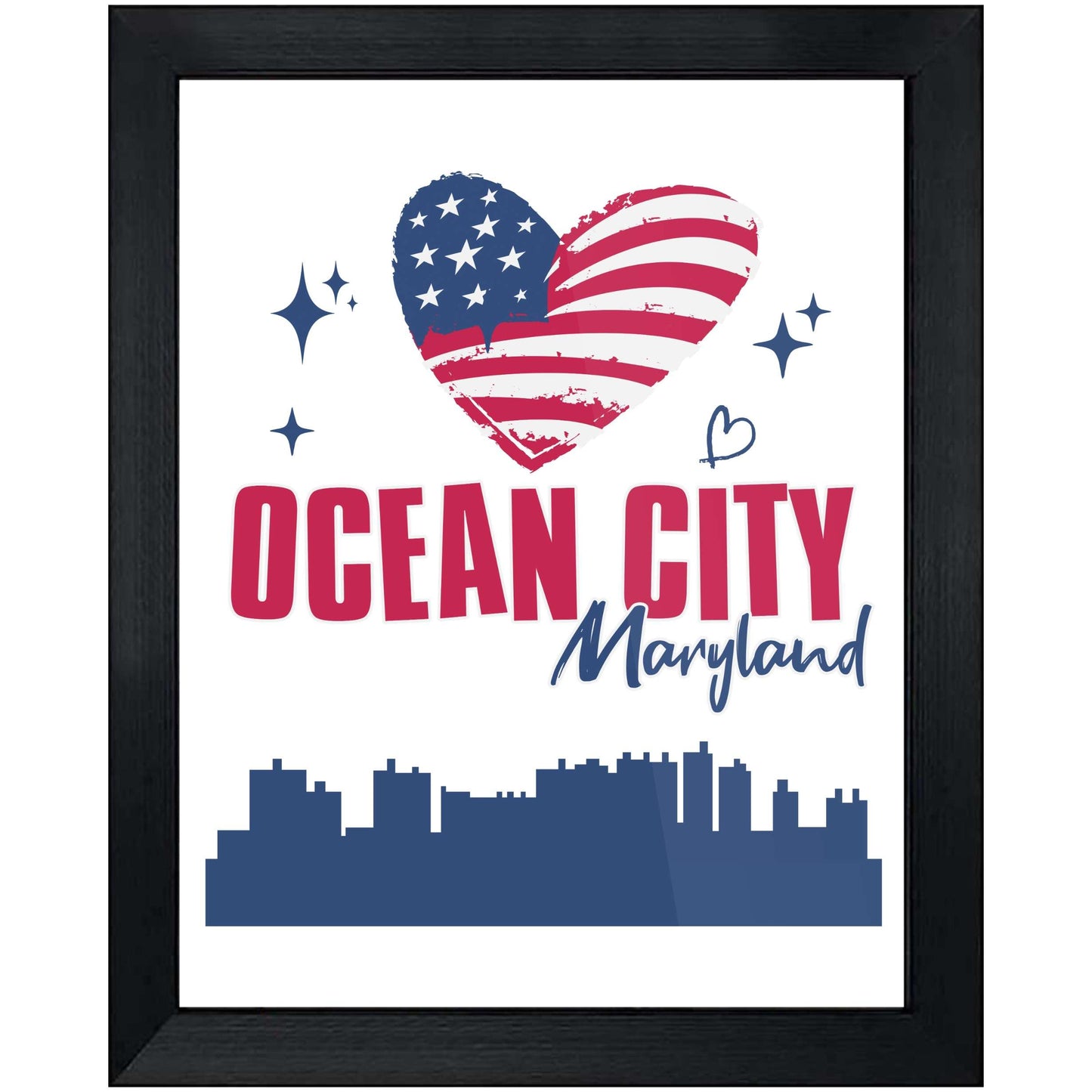Ocean City Maryland Skyline American Flag Heart 4th of July 8"x10" Wall Art Print