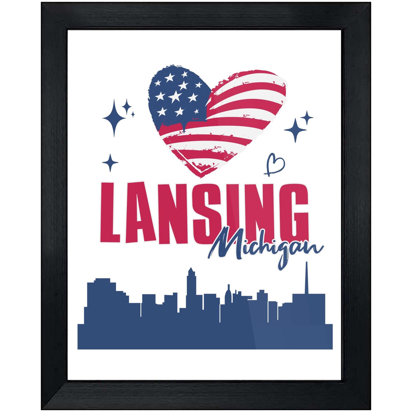Lansing Michigan Skyline American Flag Heart 4th of July 8"x10" Wall Art Print