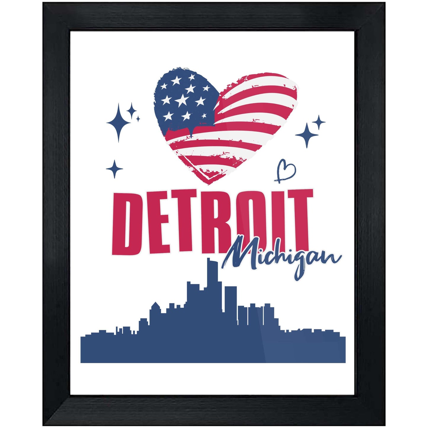 Detroit Michigan Skyline American Flag Heart 4th of July 8"x10" Wall Art Print