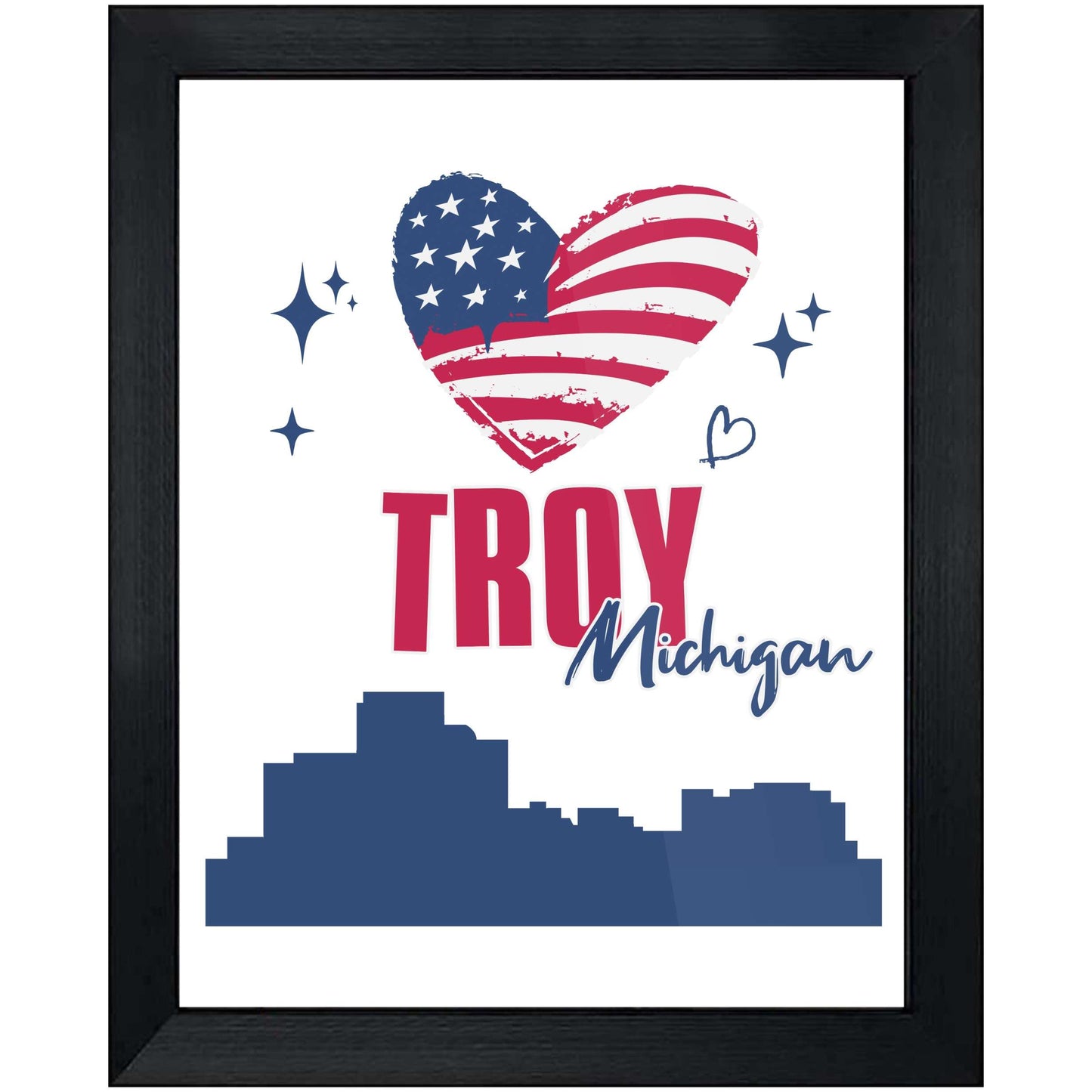 Troy Michigan Skyline American Flag Heart 4th of July 8"x10" Wall Art Print