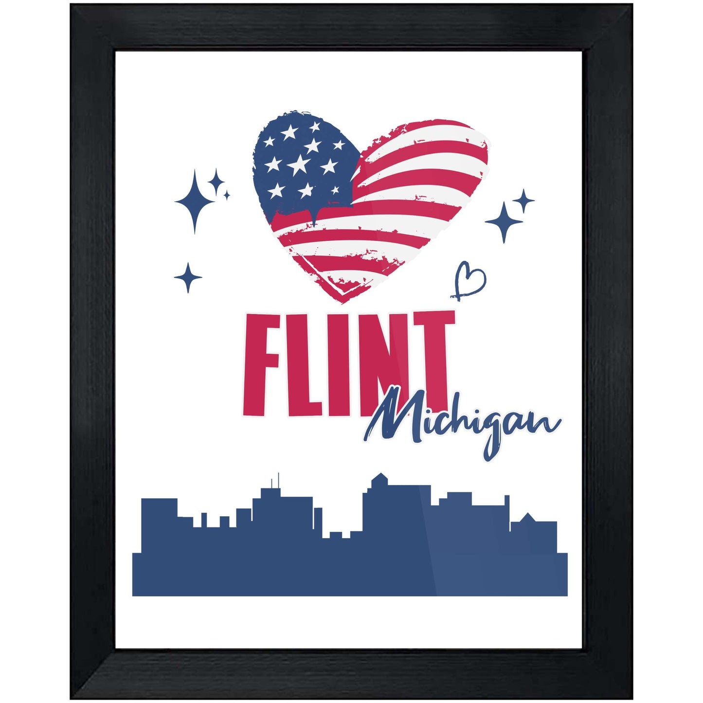 Flint Michigan Skyline American Flag Heart 4th of July 8"x10" Wall Art Print