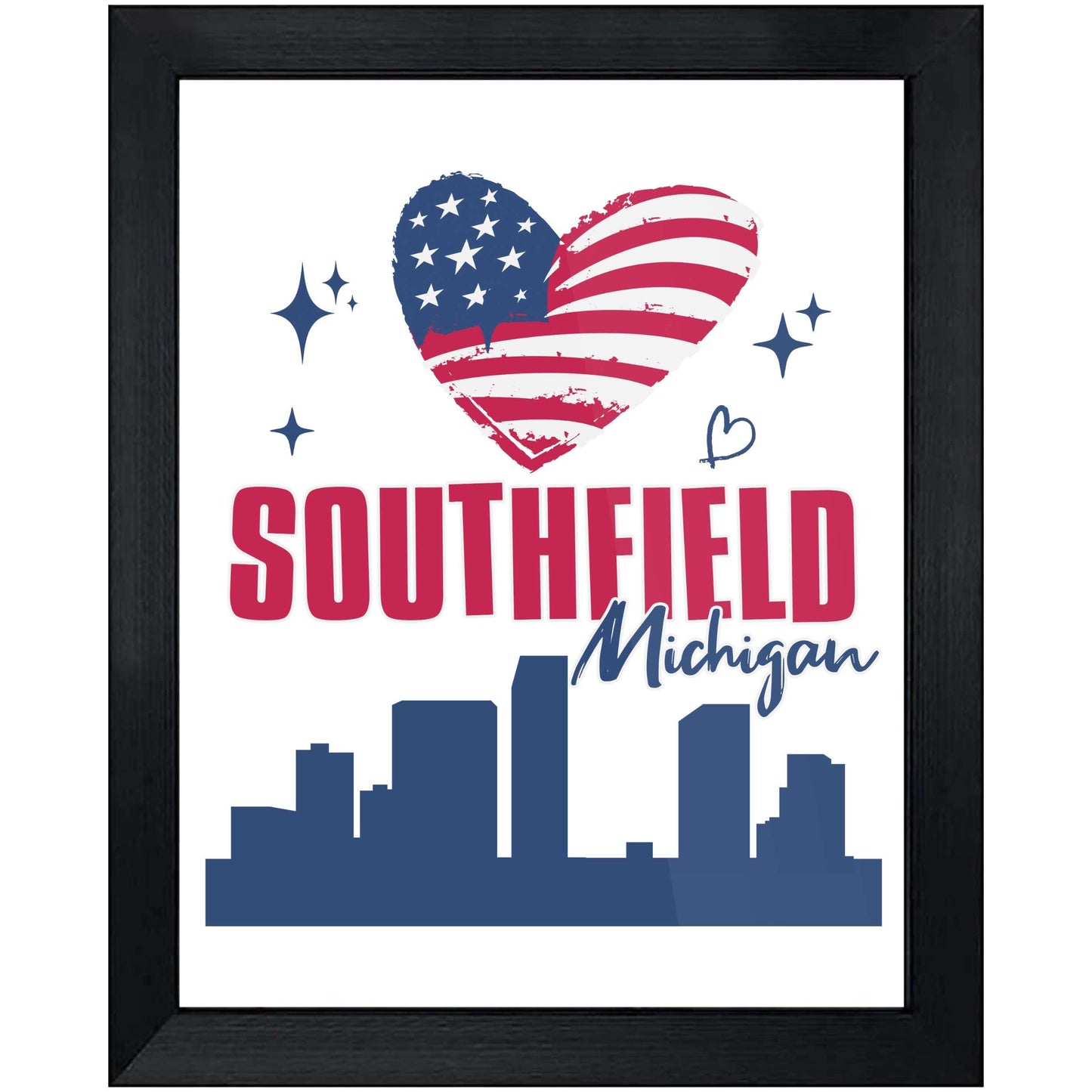 Southfield Michigan Skyline American Flag Heart 4th of July 8"x10" Wall Art Print