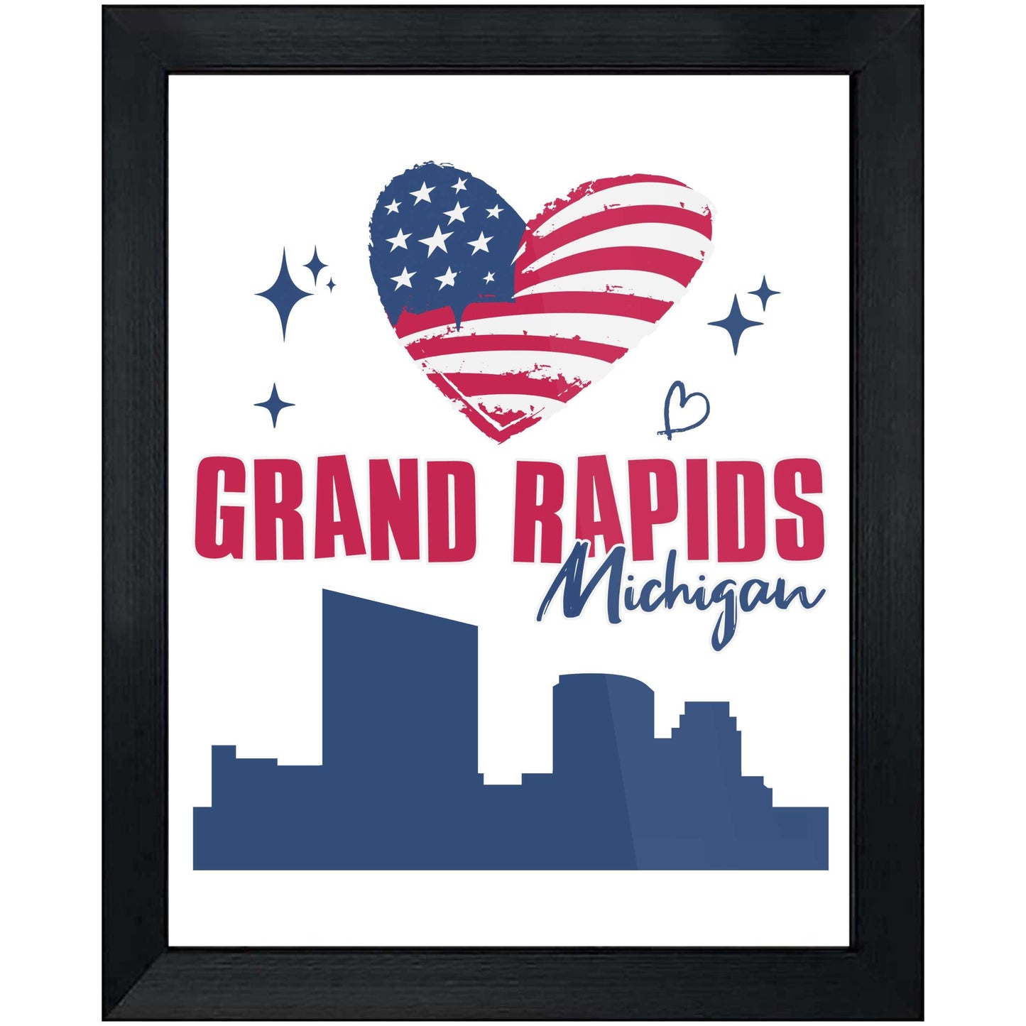 Grand Rapids Michigan Skyline American Flag Heart 4th of July 8"x10" Wall Art Print