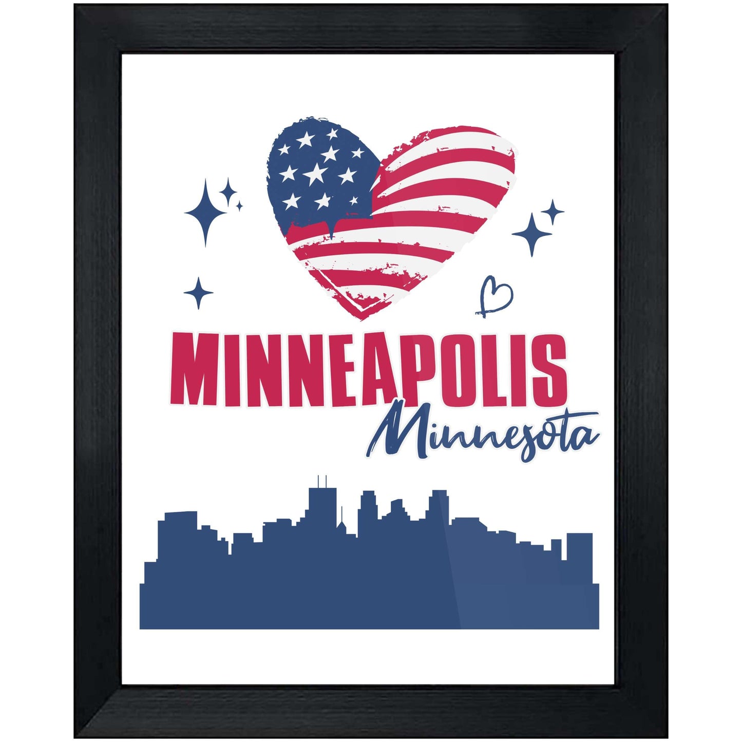 Minneapolis Minnesota Skyline American Flag Heart 4th of July 8"x10" Wall Art Print
