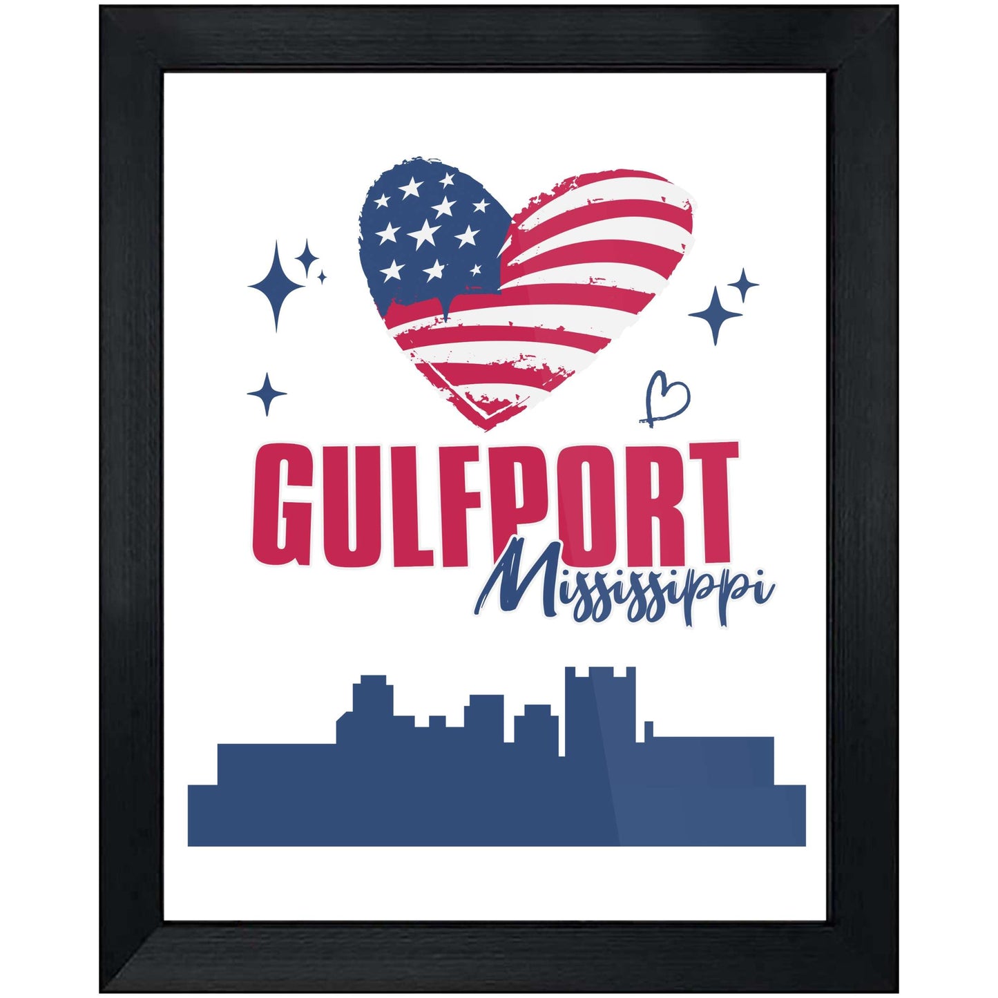 Gulfport Mississippi Skyline American Flag Heart 4th of July 8"x10" Wall Art Print