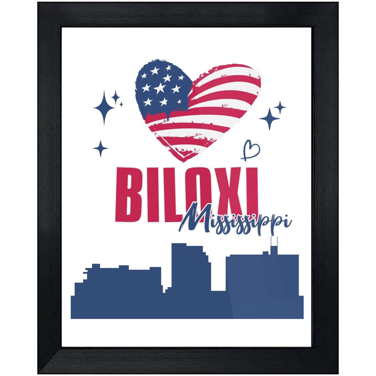 Biloxi Mississippi Skyline American Flag Heart 4th of July 8"x10" Wall Art Print