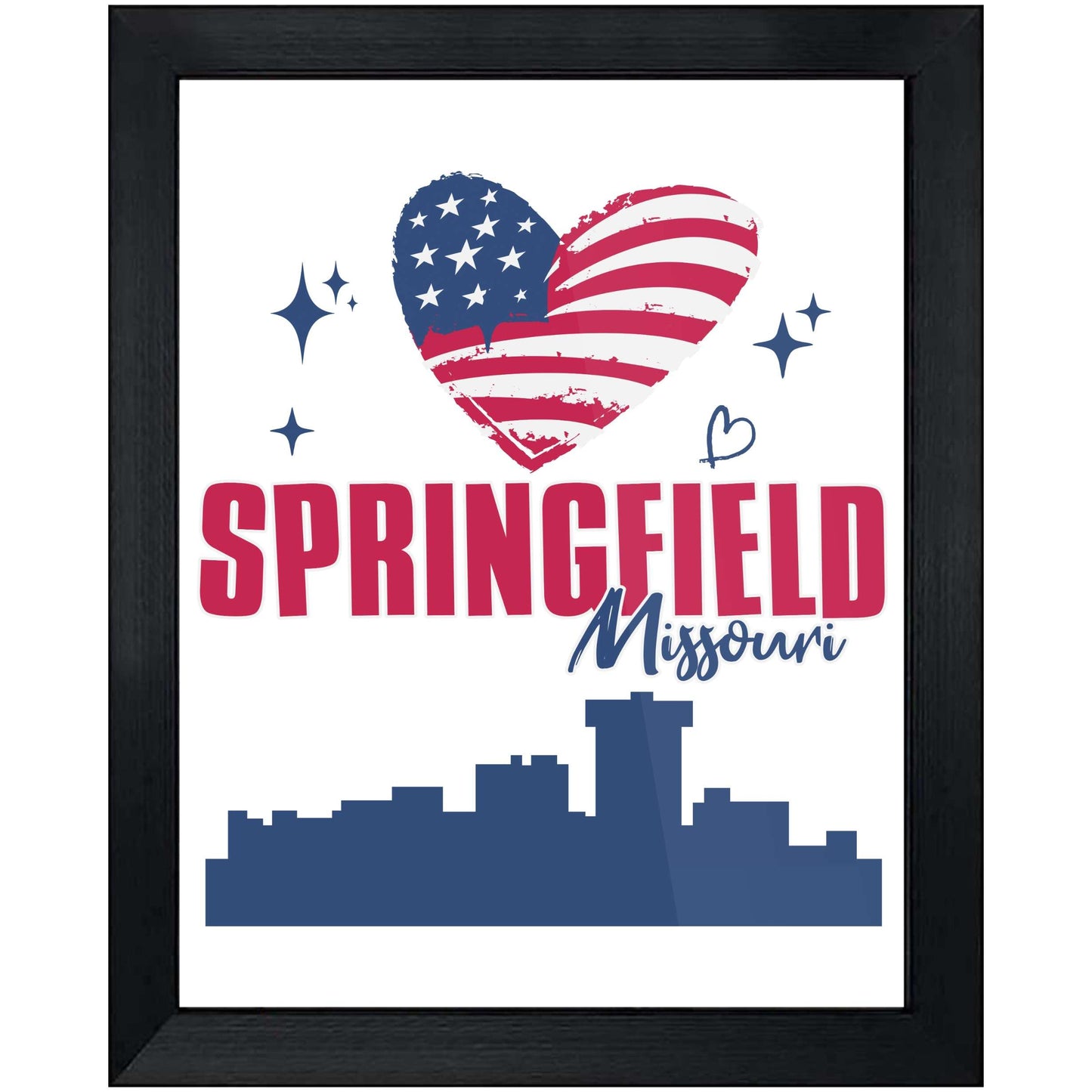 Springfield Missouri Skyline American Flag Heart 4th of July 8"x10" Wall Art Print