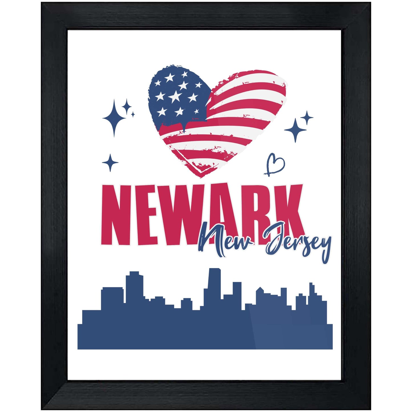 Newark New Jersey Skyline American Flag Heart 4th of July 8"x10" Wall Art Print