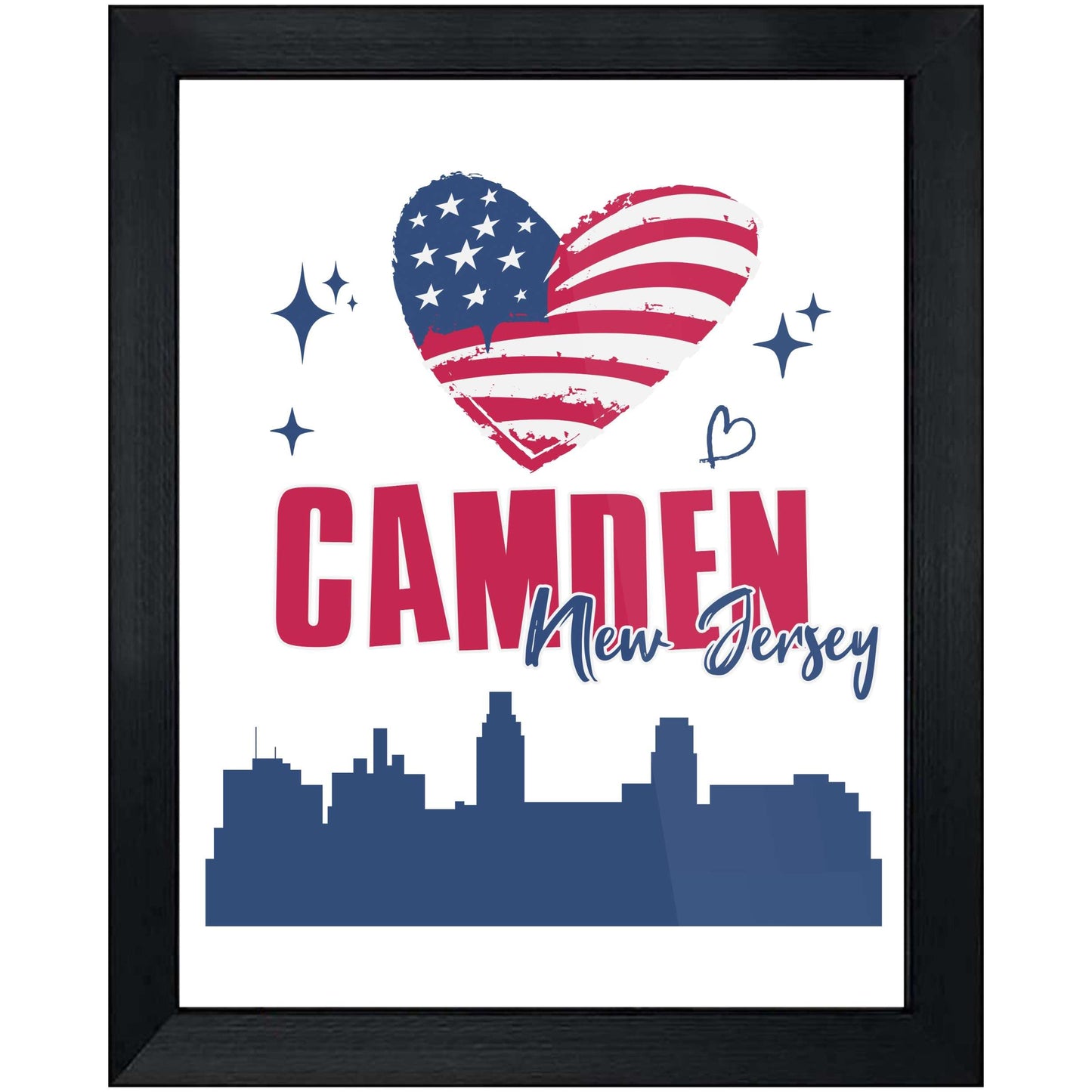 Camden New Jersey Skyline American Flag Heart 4th of July 8"x10" Wall Art Print