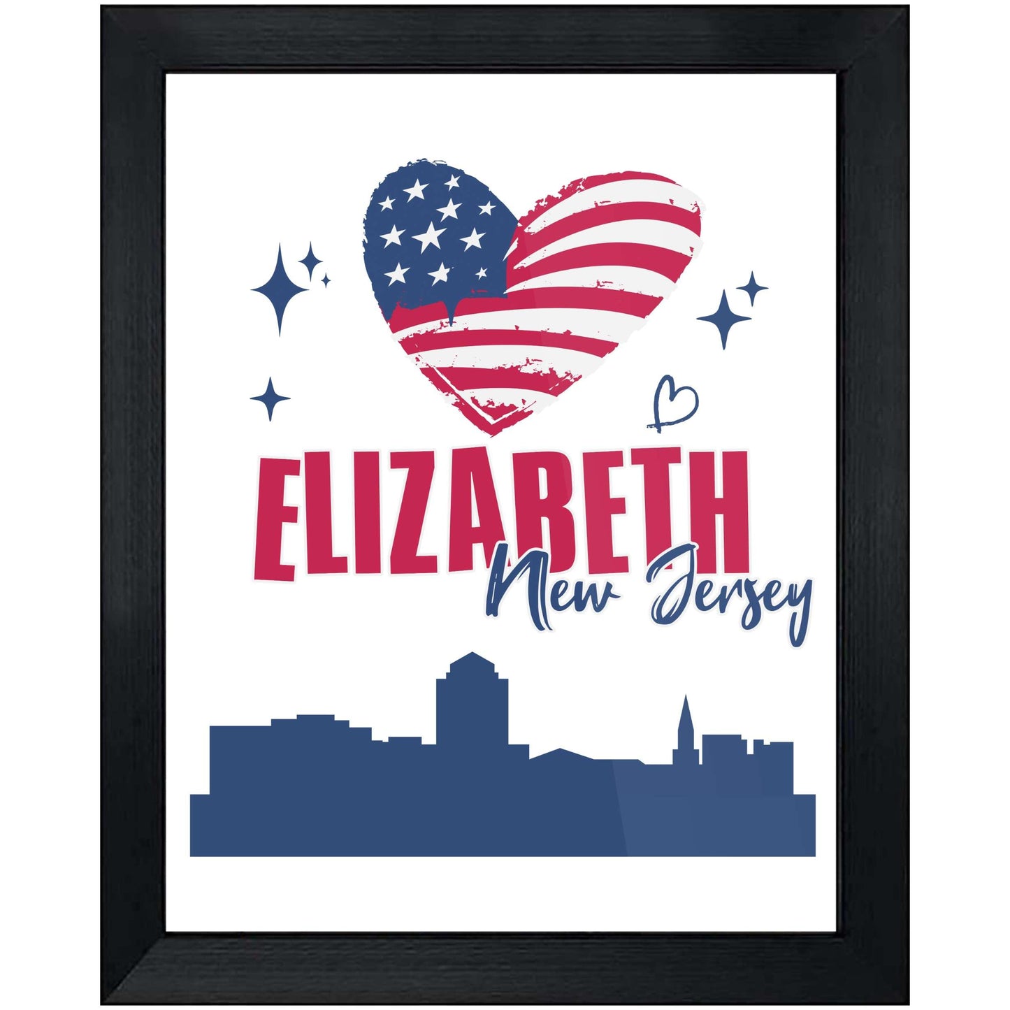 Elizabeth New Jersey Skyline American Flag Heart 4th of July 8"x10" Wall Art Print
