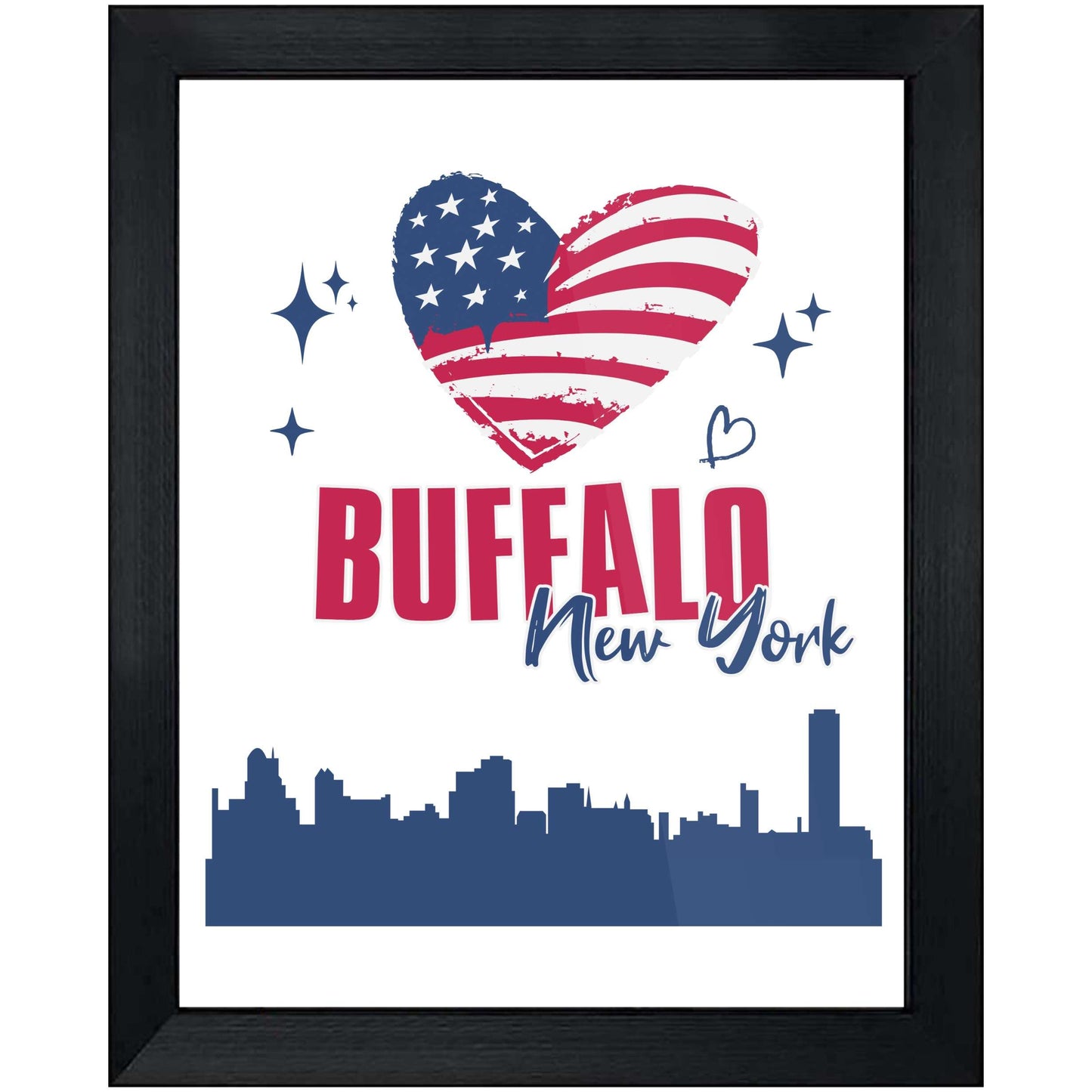 Buffalo New York Skyline American Flag Heart 4th of July 8"x10" Wall Art Print