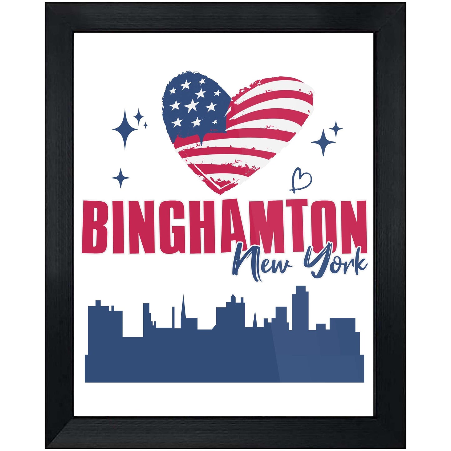 Binghamton New York Skyline American Flag Heart 4th of July 8"x10" Wall Art Print