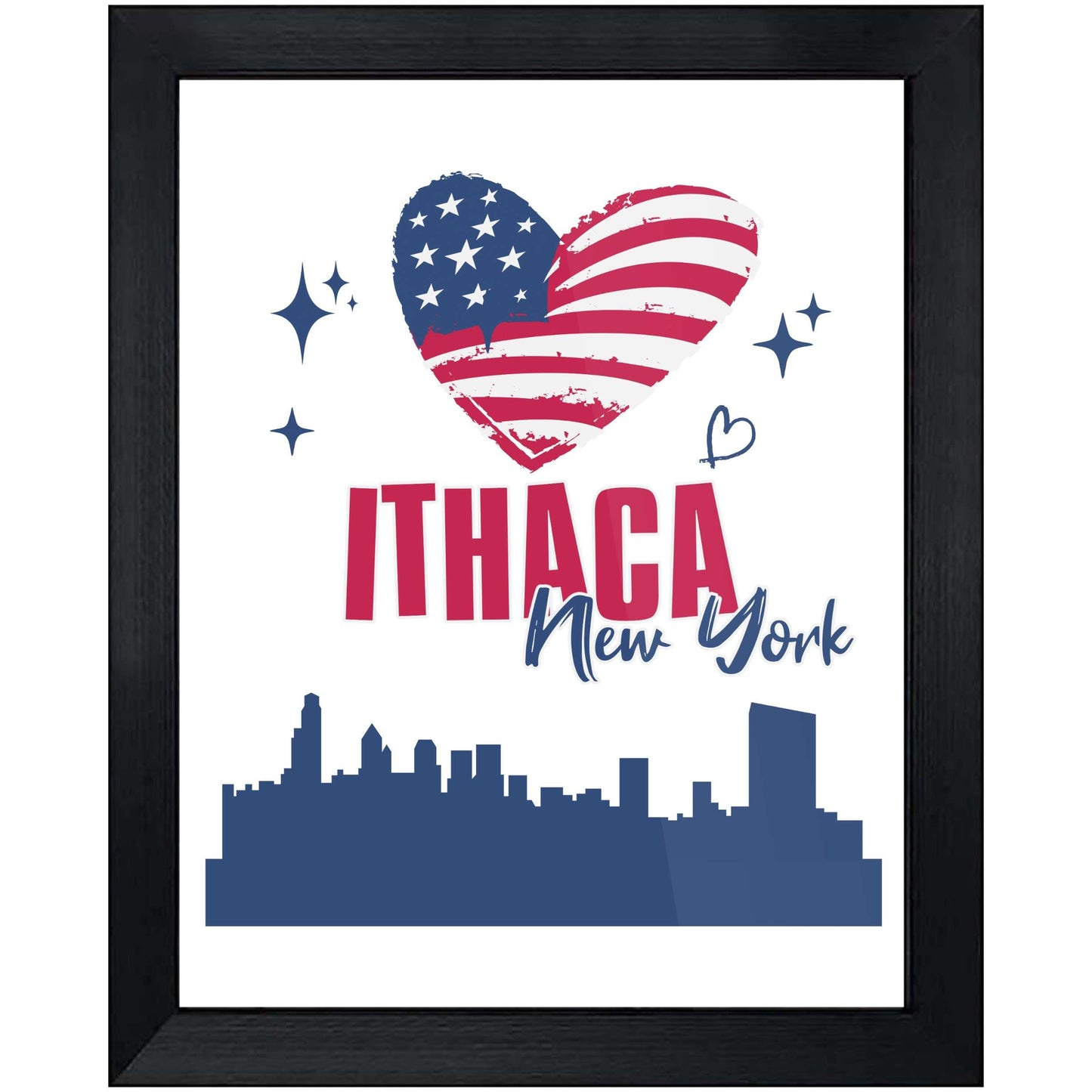 Ithaca New York Skyline American Flag Heart 4th of July 8"x10" Wall Art Print
