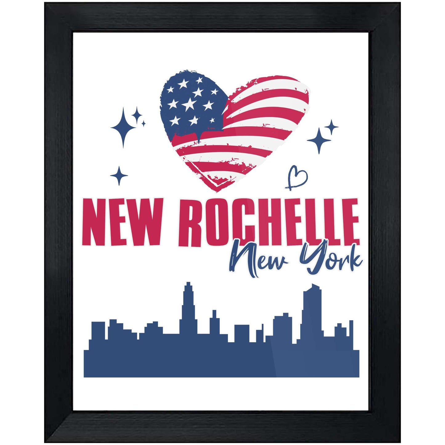 New Rochelle New York Skyline American Flag Heart 4th of July 8"x10" Wall Art Print