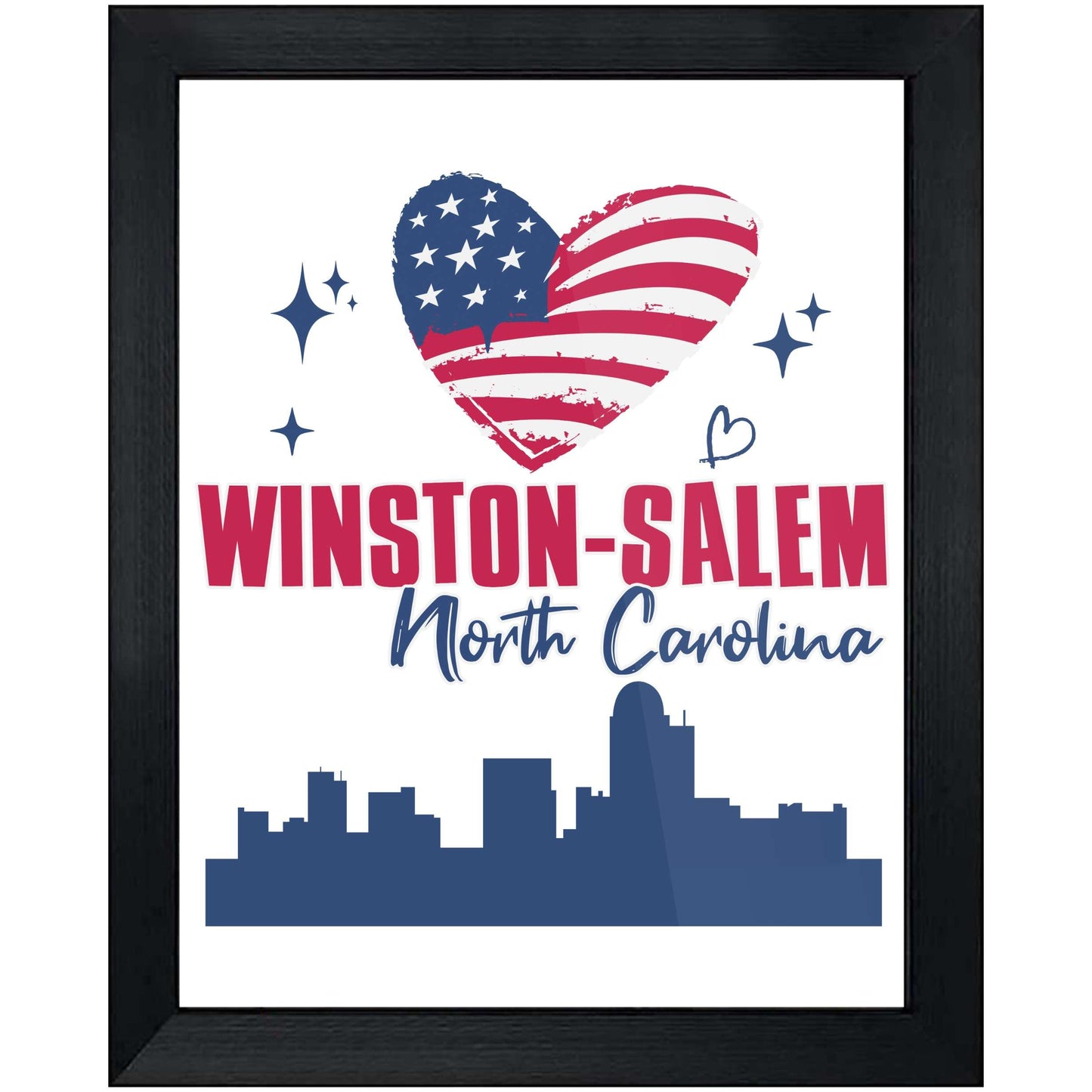 Winston-Salem North Carolina Skyline American Flag Heart 4th of July 8"x10" Wall Art Print