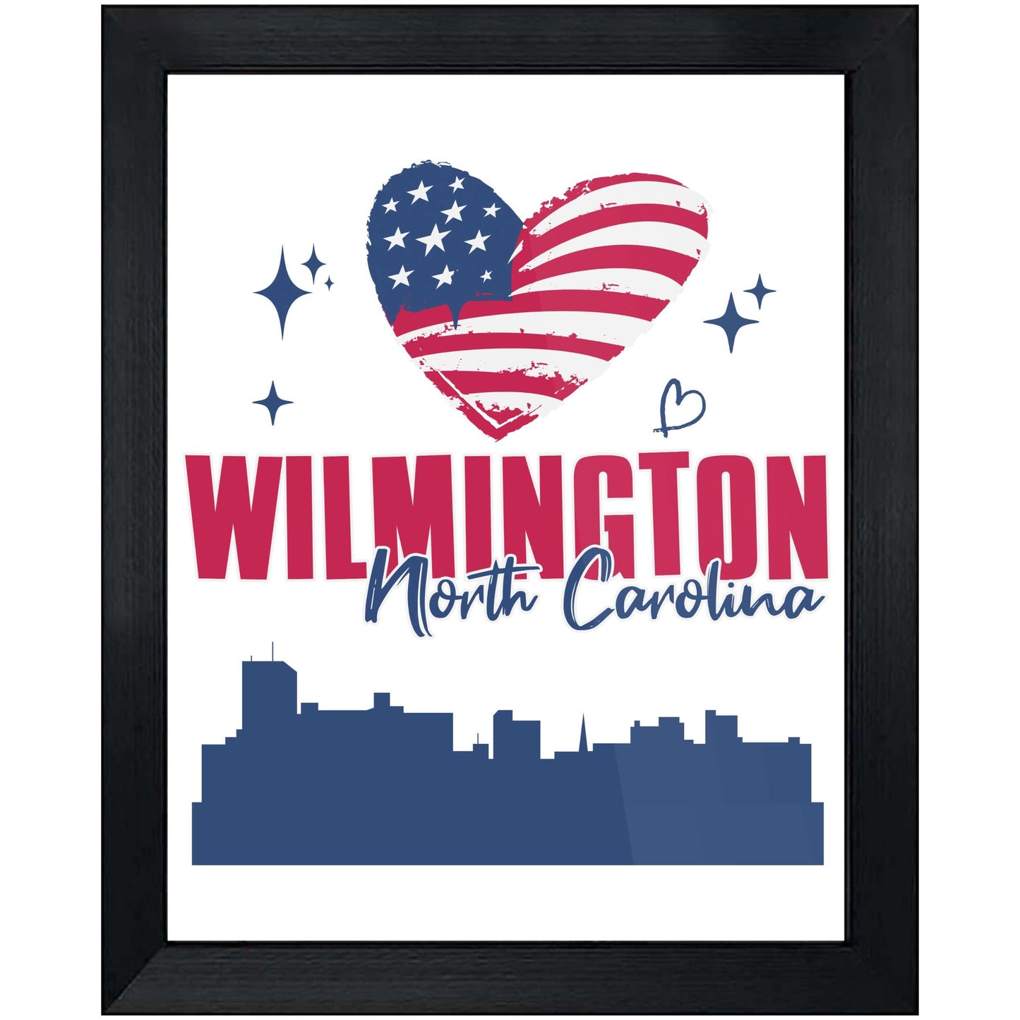 Wilmington North Carolina Skyline American Flag Heart 4th of July 8"x10" Wall Art Print