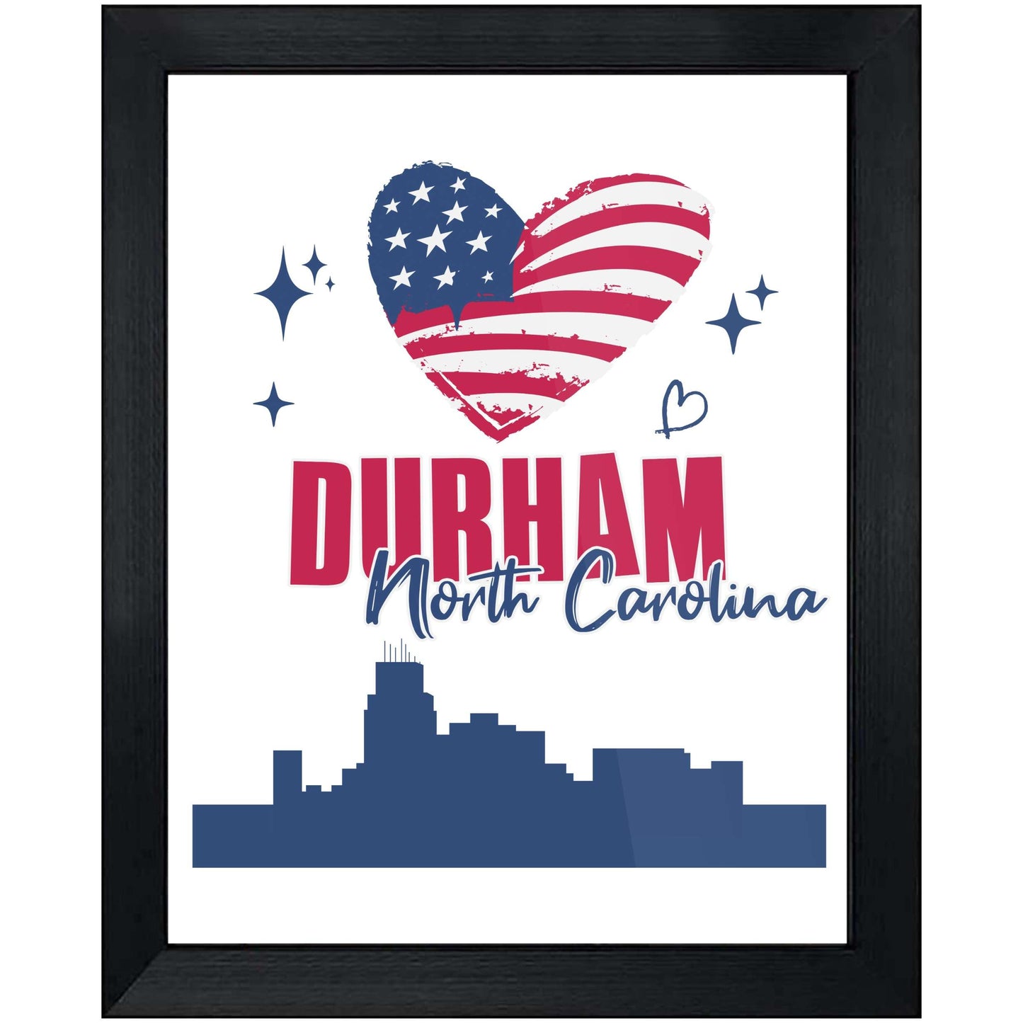 Durham North Carolina Skyline American Flag Heart 4th of July 8"x10" Wall Art Print