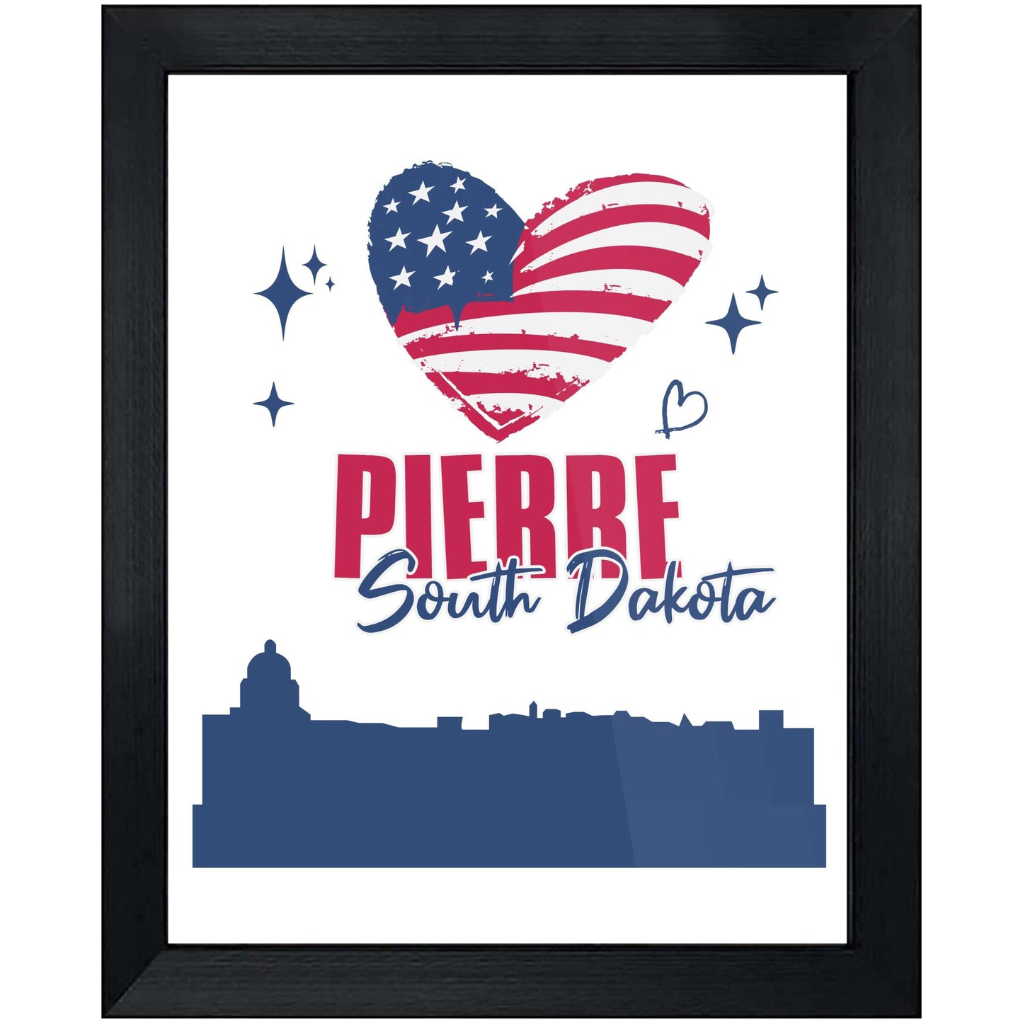 Pierre South Dakota Skyline American Flag Heart 4th of July 8"x10" Wall Art Print