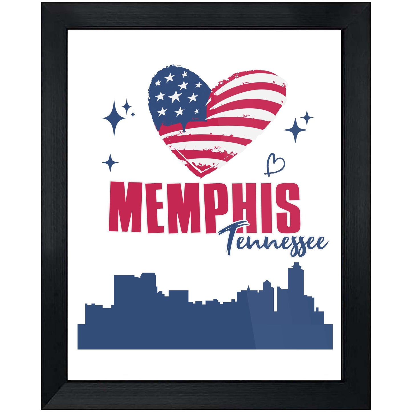 Memphis Tennessee Skyline American Flag Heart 4th of July 8"x10" Wall Art Print