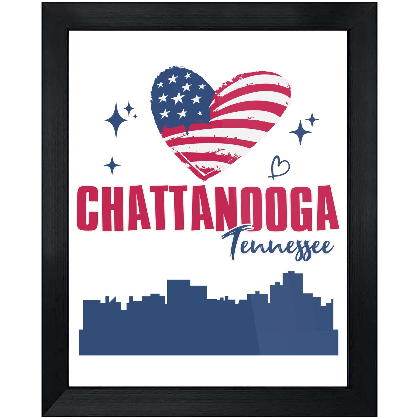 Chattanooga Tennessee Skyline American Flag Heart 4th of July 8"x10" Wall Art Print