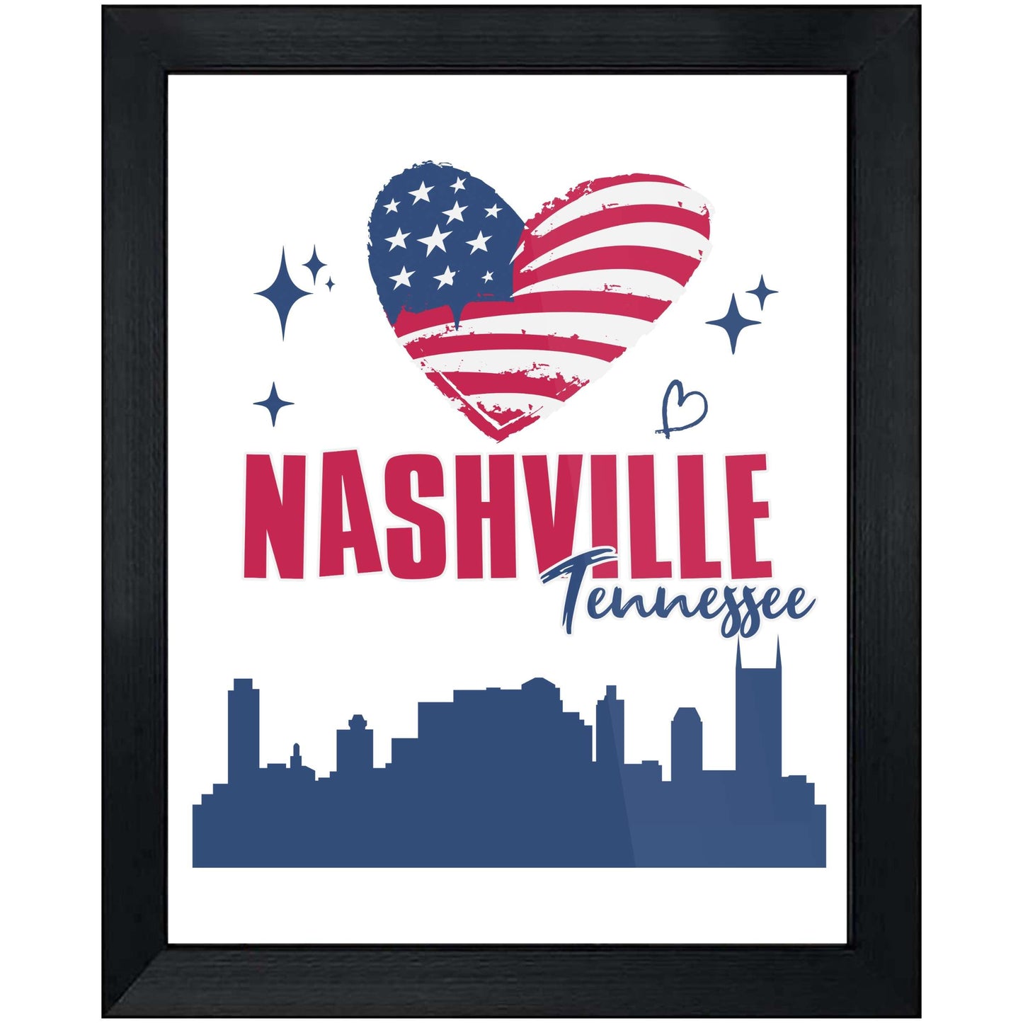 Nashville Tennessee Skyline American Flag Heart 4th of July 8"x10" Wall Art Print