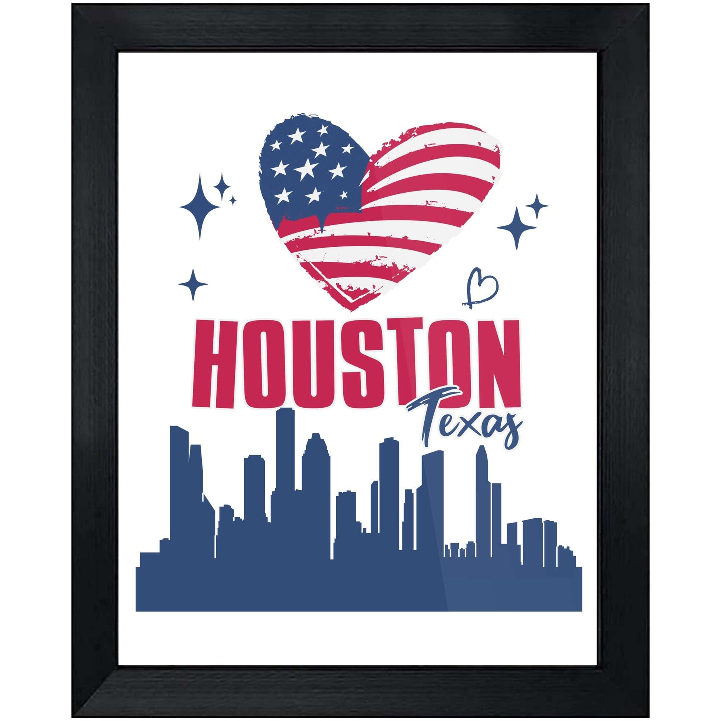 Houston Texas Skyline American Flag Heart 4th of July 8"x10" Wall Art Print