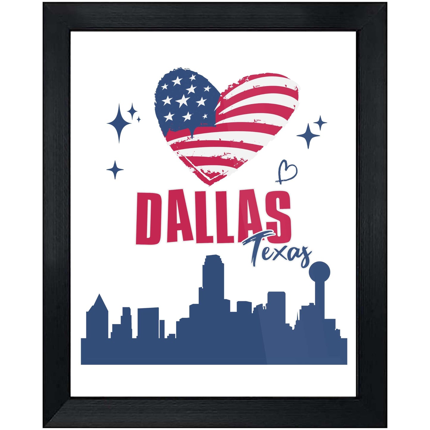 Dallas Texas Skyline American Flag Heart 4th of July 8"x10" Wall Art Print
