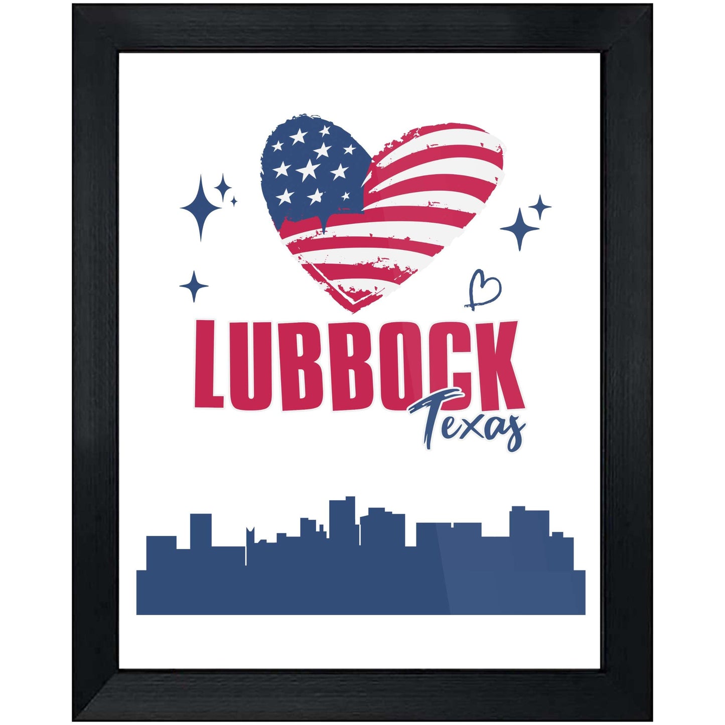 Lubbock Texas Skyline American Flag Heart 4th of July 8"x10" Wall Art Print