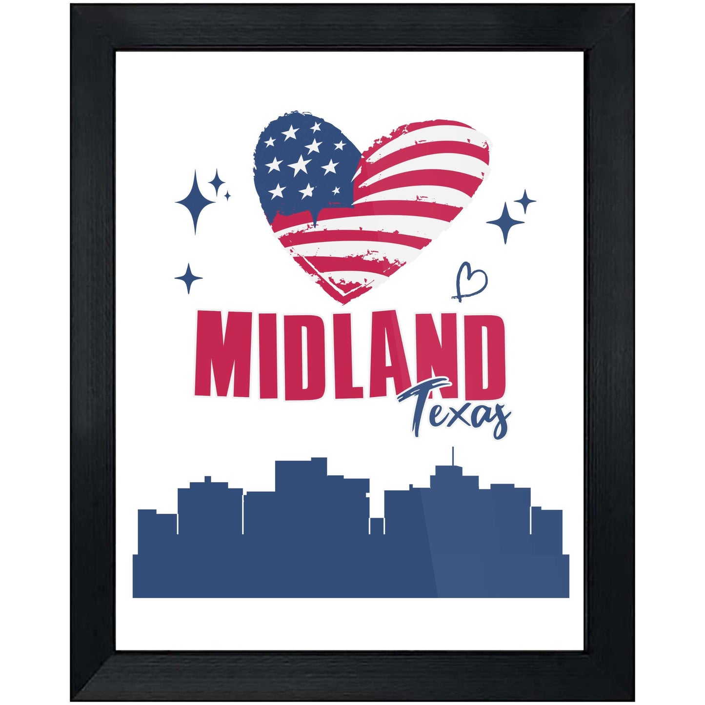 Midland Texas Skyline American Flag Heart 4th of July 8"x10" Wall Art Print