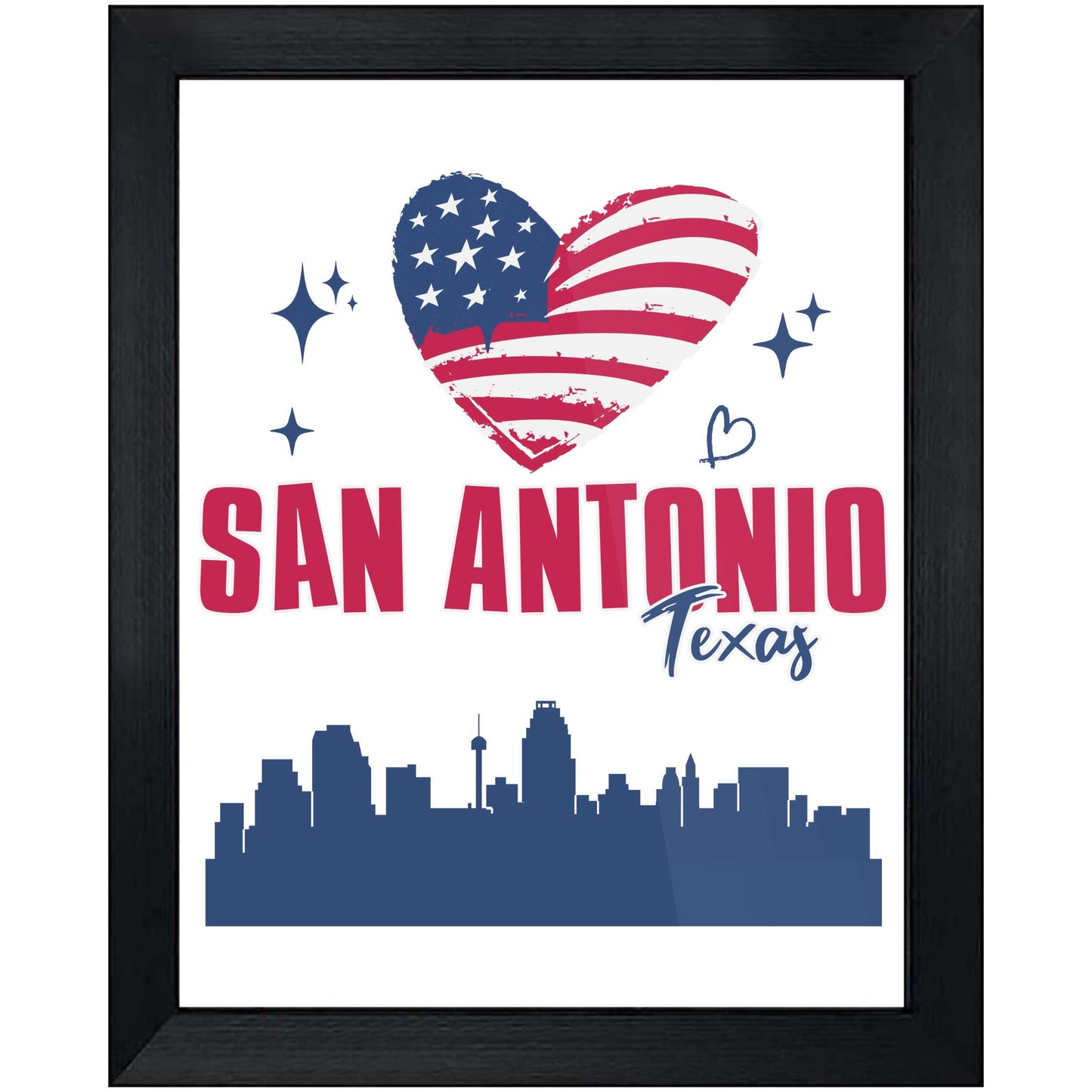 San Antonio Texas Skyline American Flag Heart 4th of July 8"x10" Wall Art Print
