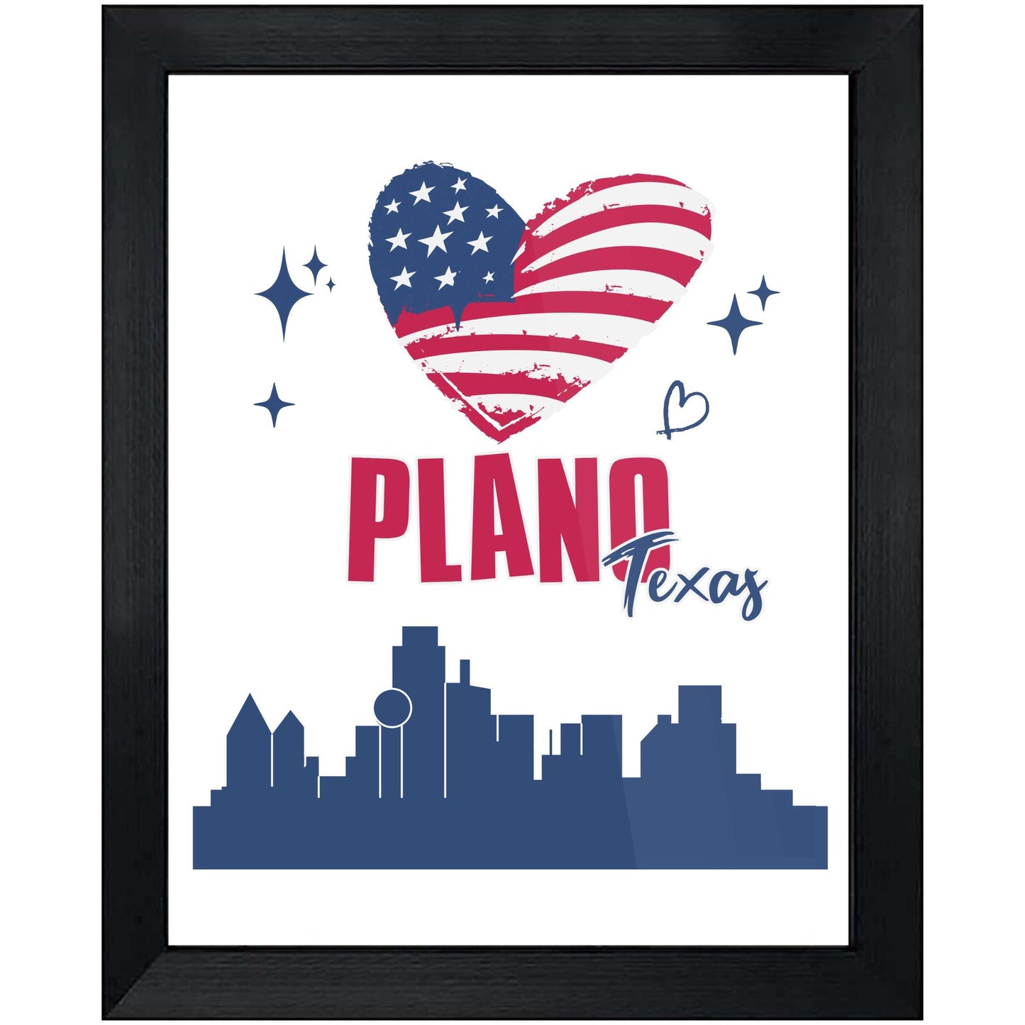 Plano Texas Skyline American Flag Heart 4th of July 8"x10" Wall Art Print