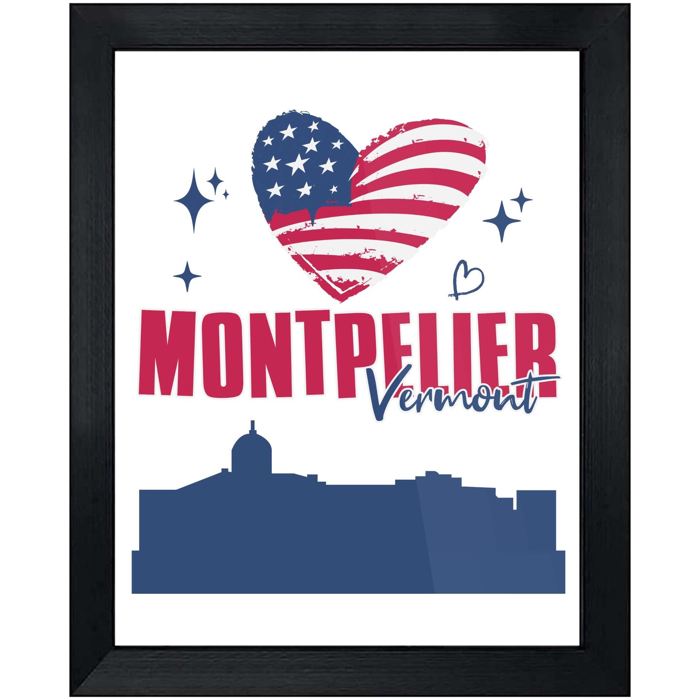 Montpelier Vermont Skyline American Flag Heart 4th of July 8"x10" Wall Art Print