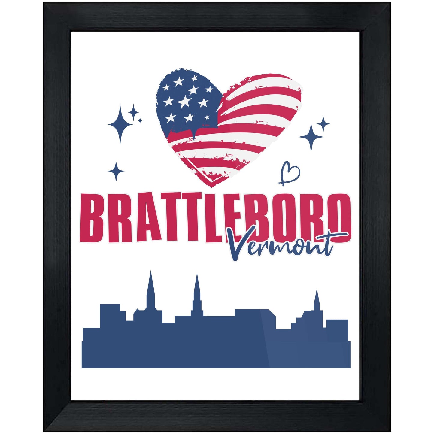 Brattleboro Vermont Skyline American Flag Heart 4th of July 8"x10" Wall Art Print